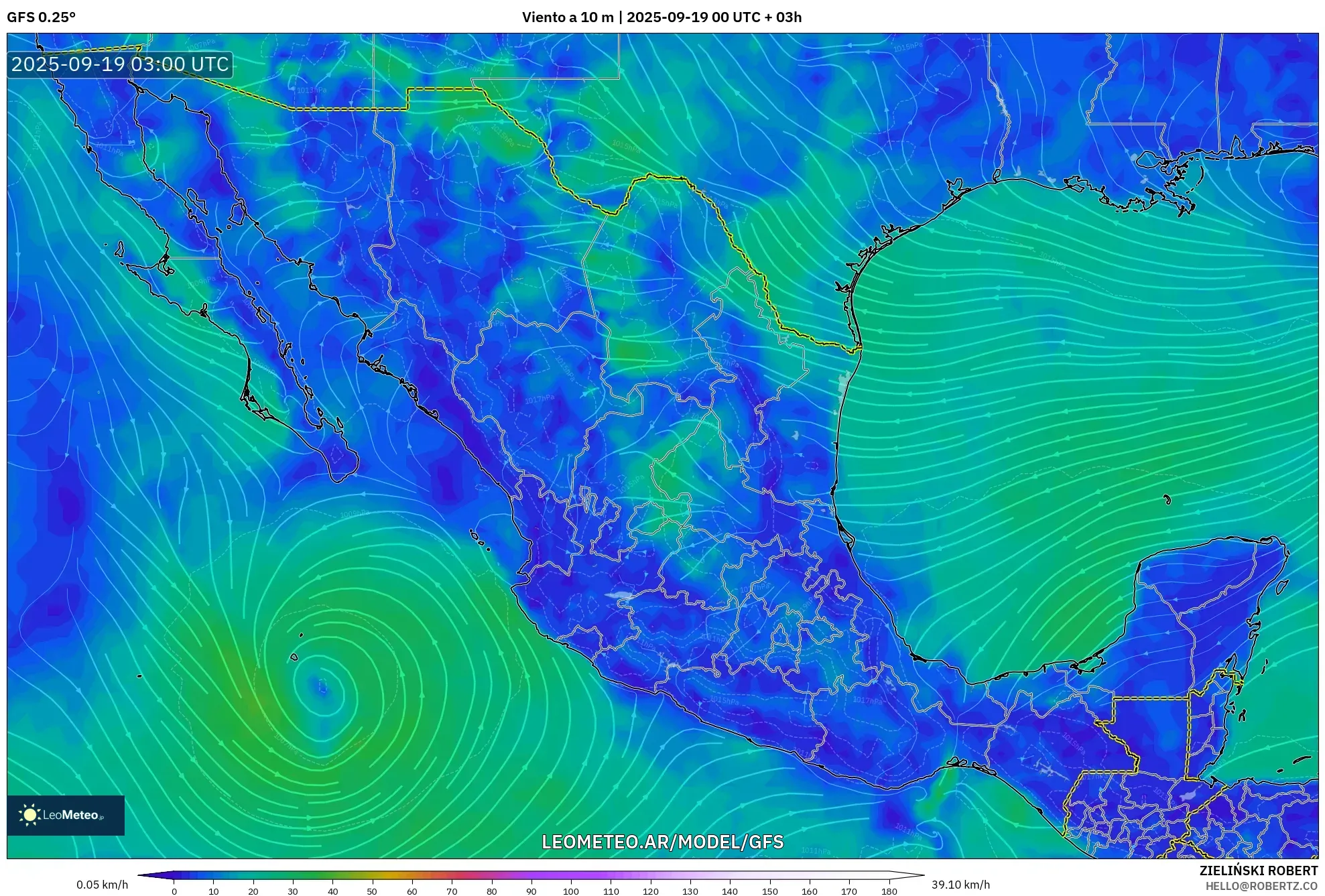 GFS model - México, Viento a 10 m