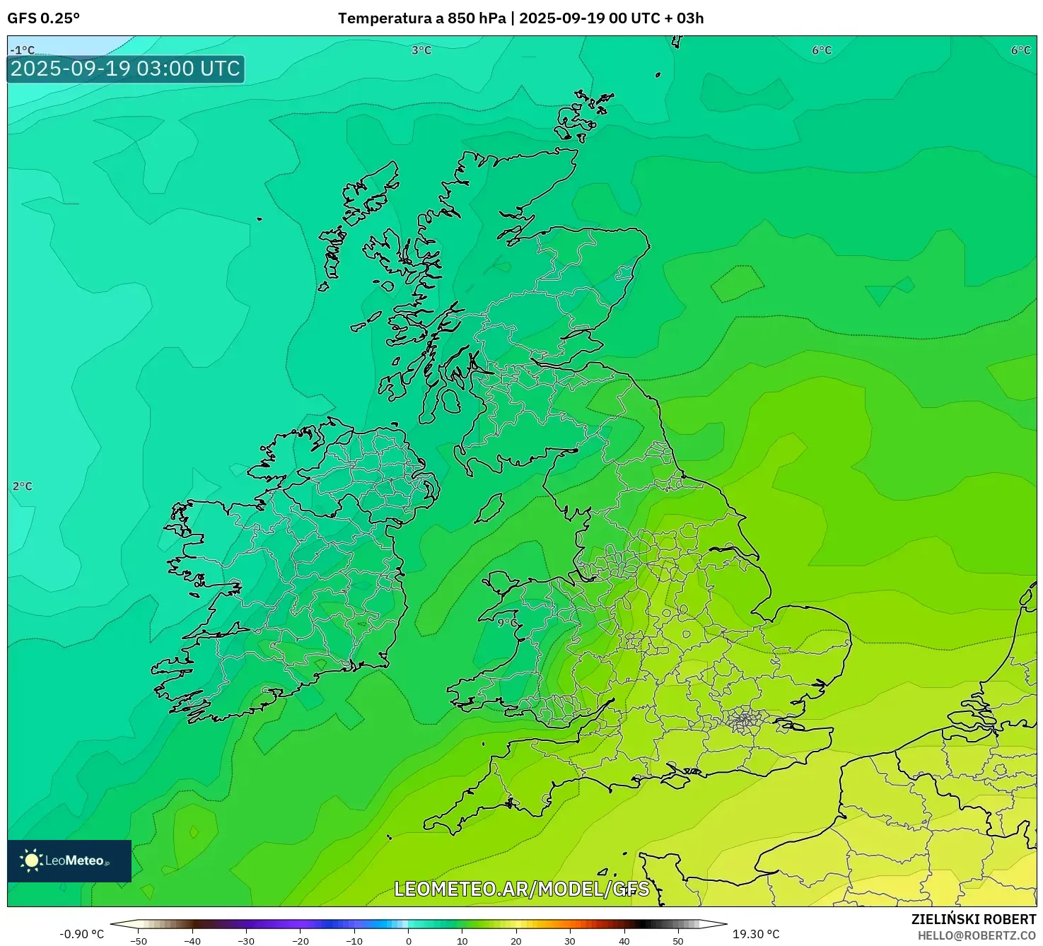 GFS model - Reino Unido, Temperatura a 850 hPa