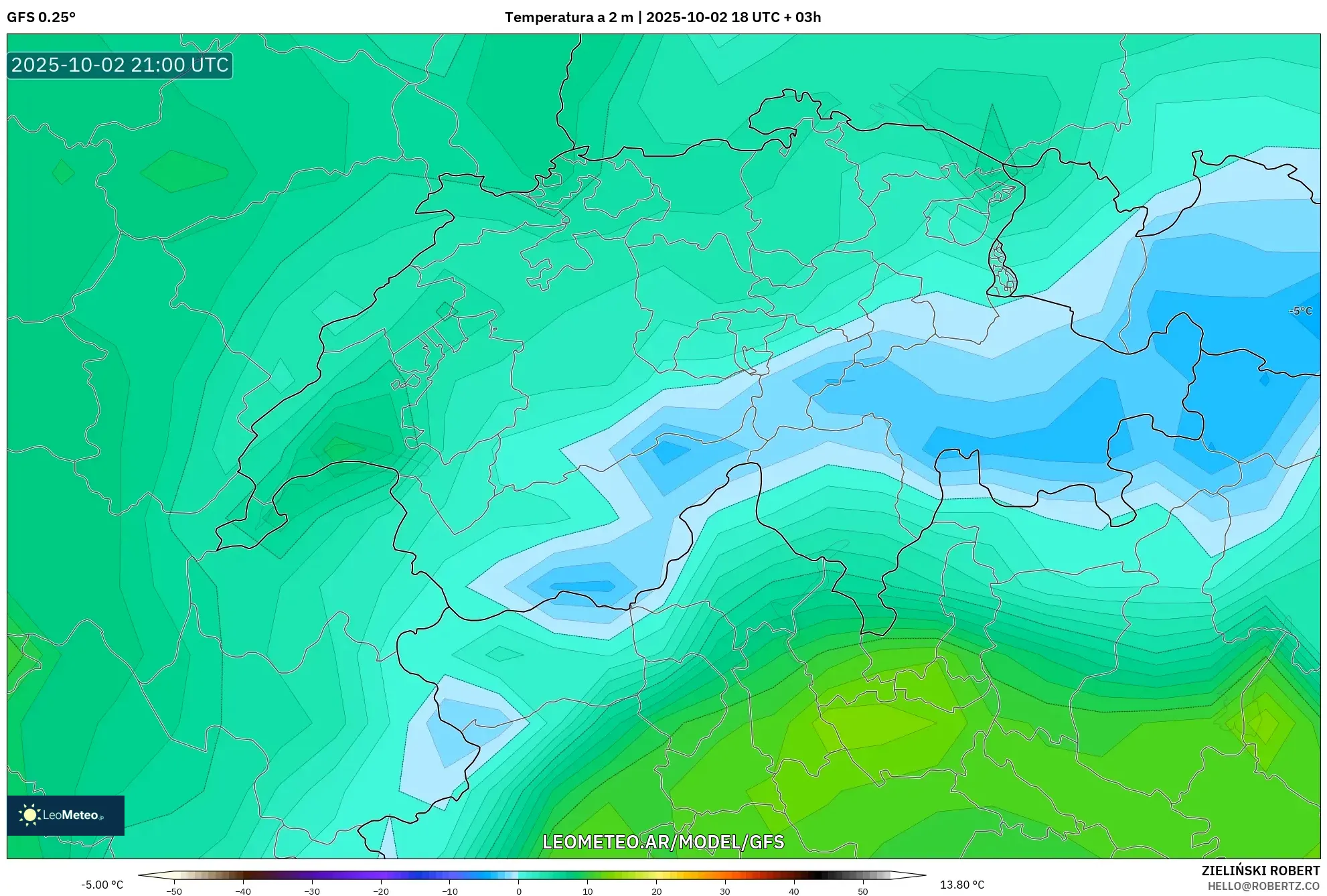 GFS model - Suiza, Temperatura a 2 m