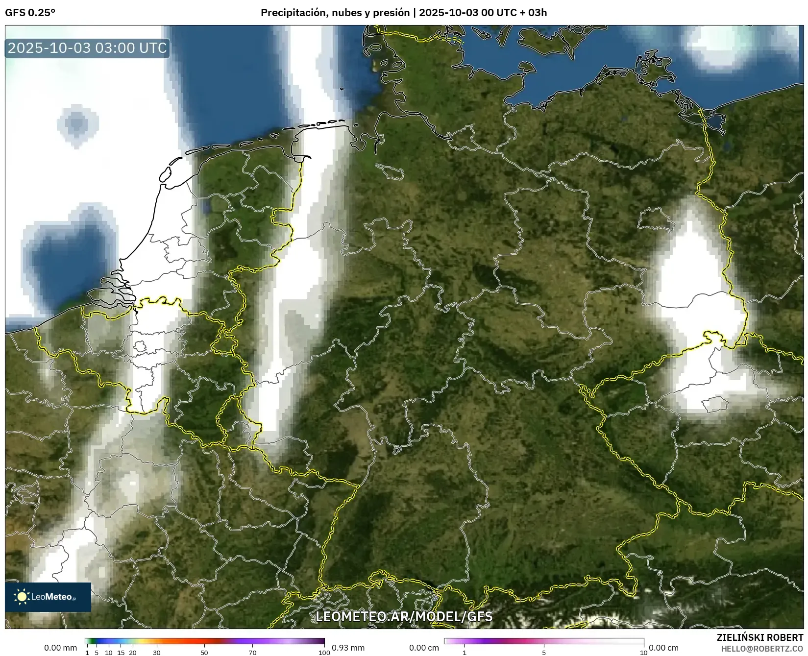 GFS model - Alemania, Precipitación, nubes y presión