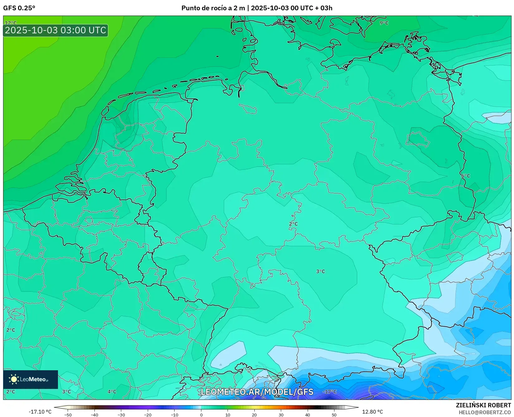 GFS model - Alemania, Punto de rocío a 2 m