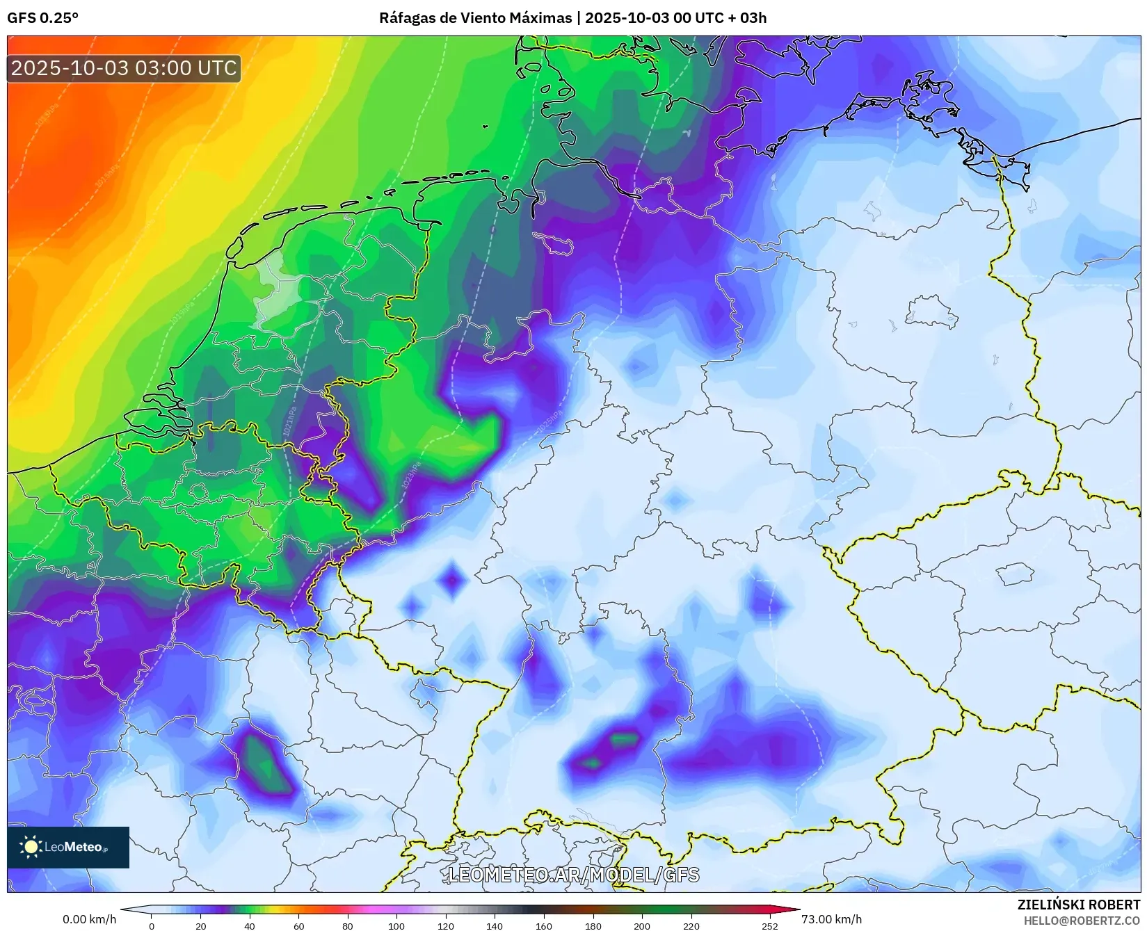 GFS model - Alemania, Ráfagas de Viento Máximas