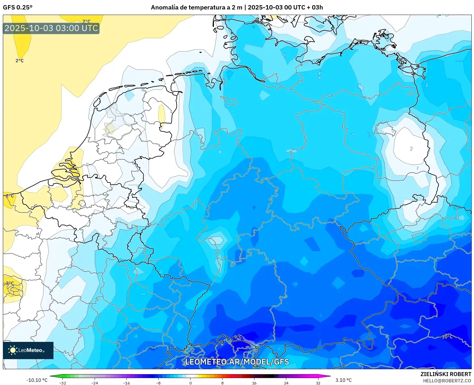 GFS model - Alemania, Anomalía de temperatura a 2 m