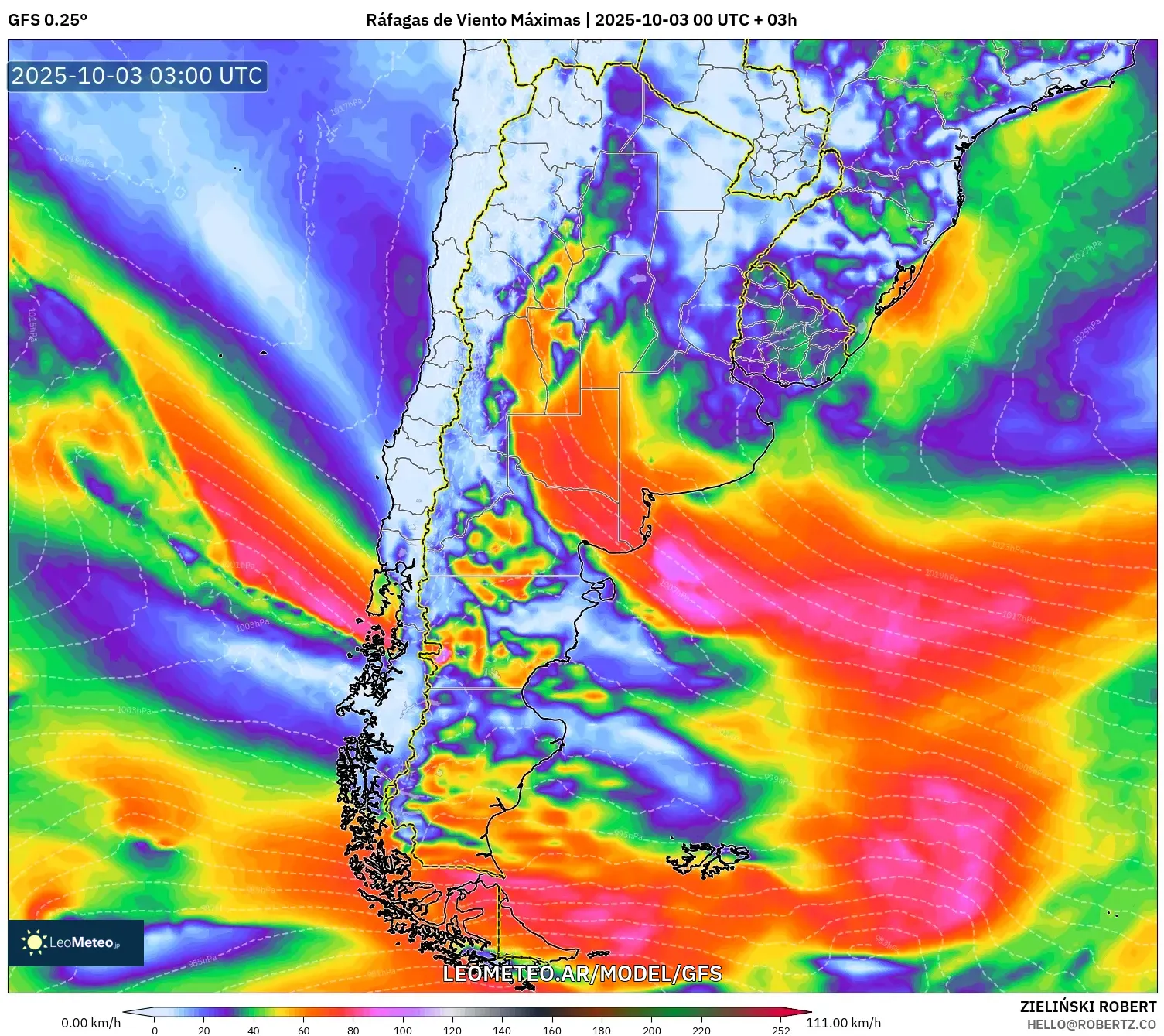 GFS model - Argentina, Ráfagas de Viento Máximas
