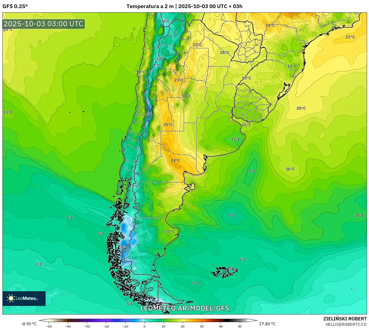 GFS model - Argentina, Temperatura a 2 m