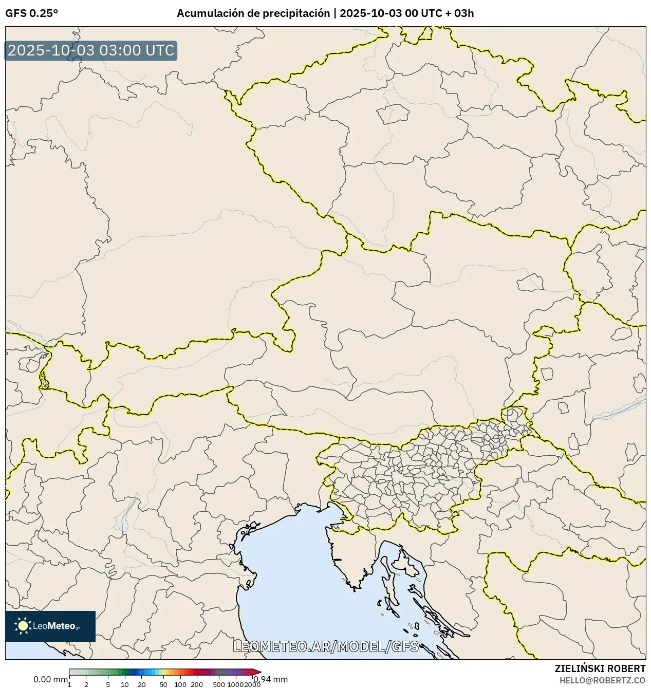 GFS model - Austria, Acumulación de precipitación GFS model - Austria, Acumulación de precipitación