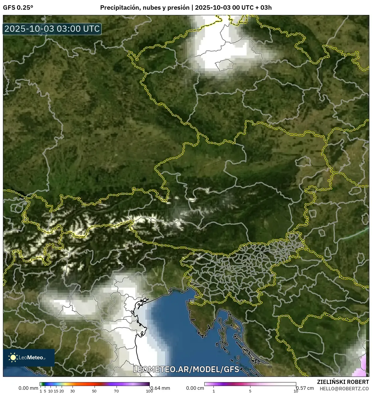 GFS model - Austria, Precipitación, nubes y presión