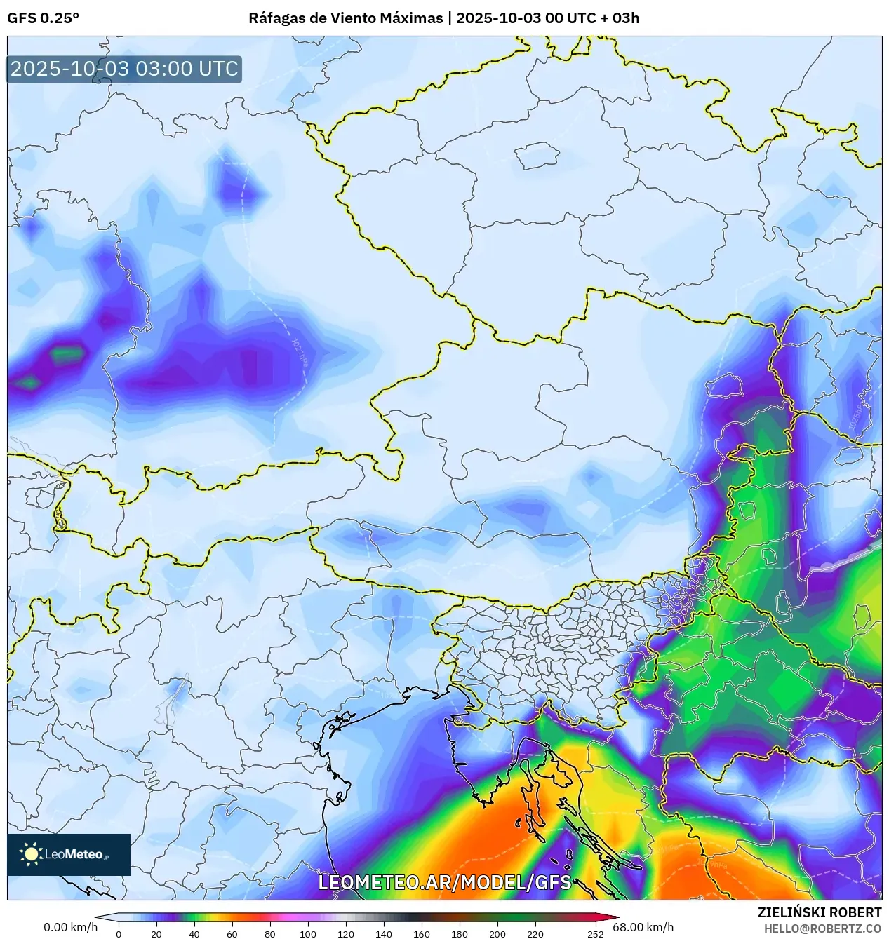 GFS model - Austria, Ráfagas de Viento Máximas