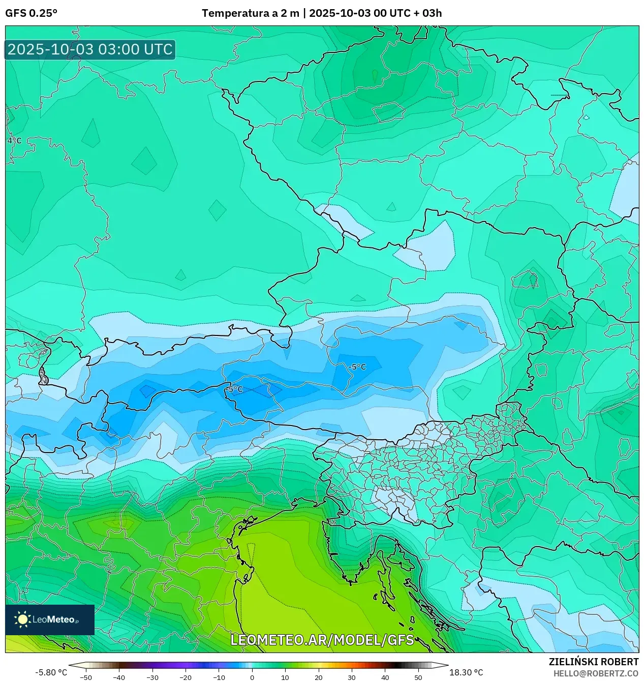 GFS model - Austria, Temperatura a 2 m
