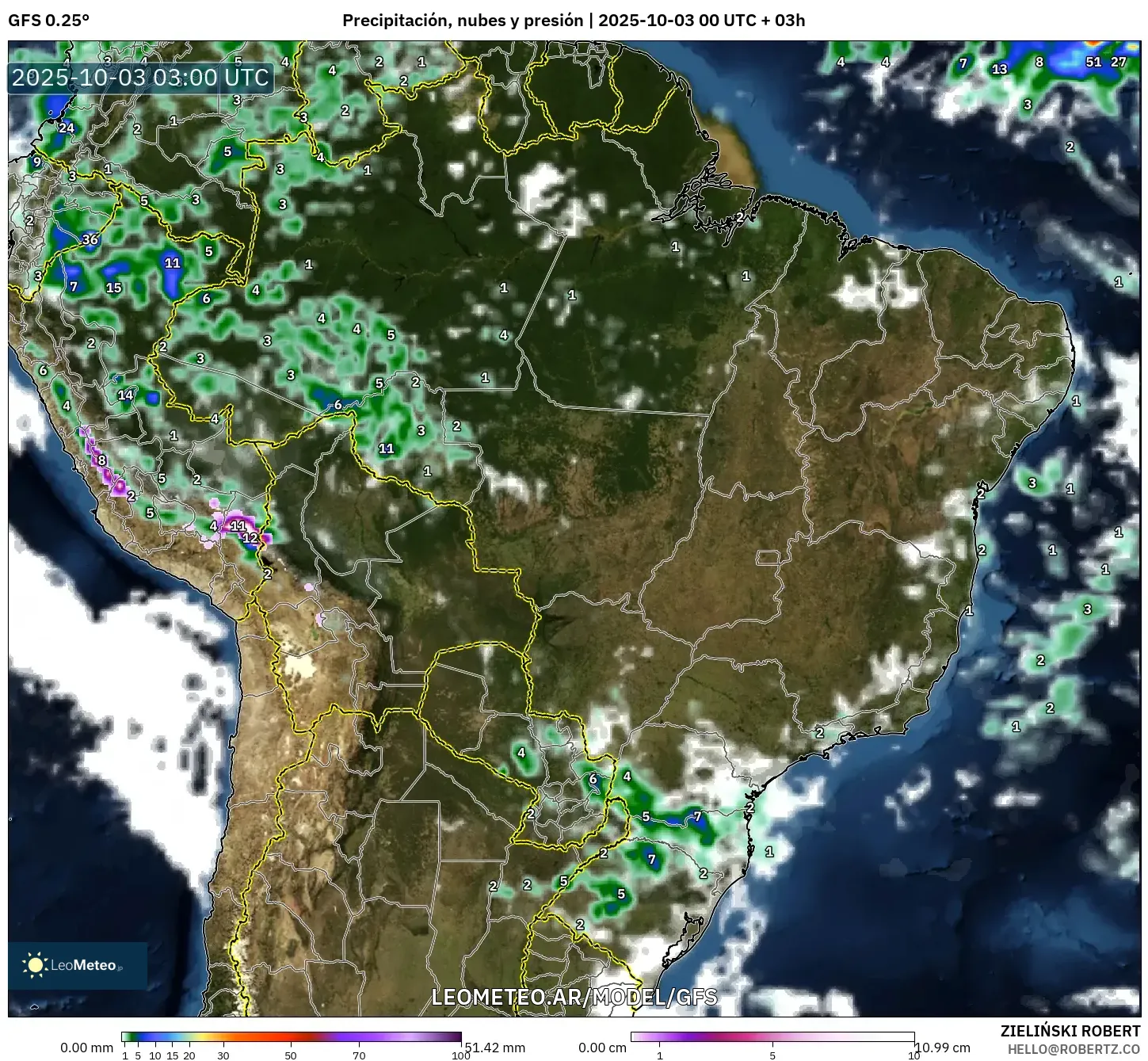 GFS model - Brasil, Precipitación, nubes y presión