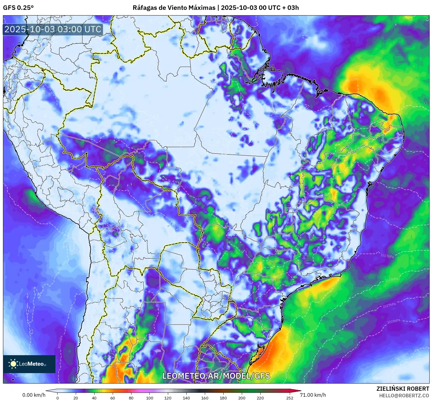 GFS model - Brasil, Ráfagas de Viento Máximas