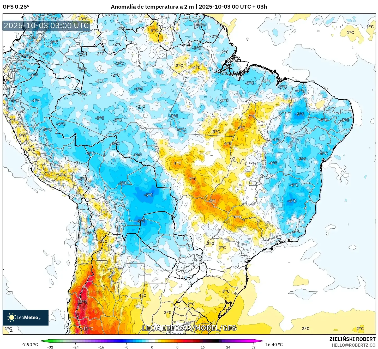 GFS model - Brasil, Anomalía de temperatura a 2 m