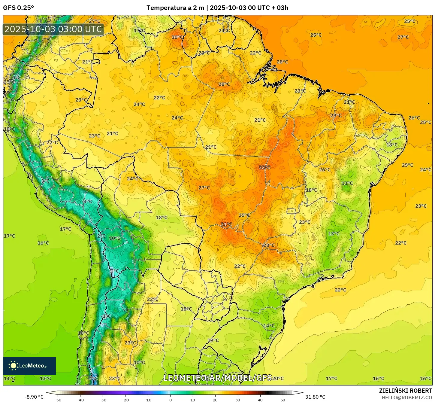 GFS model - Brasil, Temperatura a 2 m
