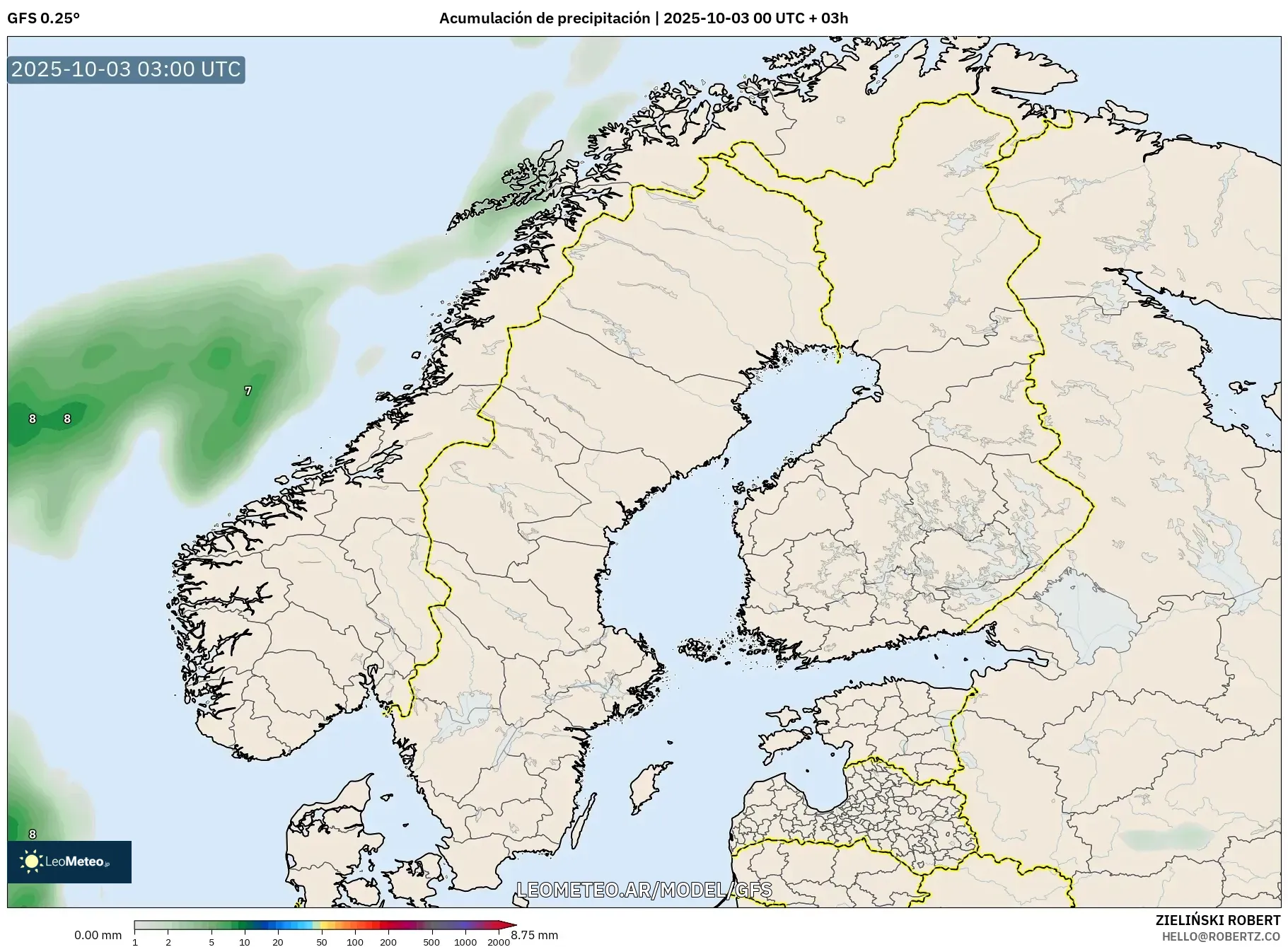 GFS model - Escandinavia, Acumulación de precipitación