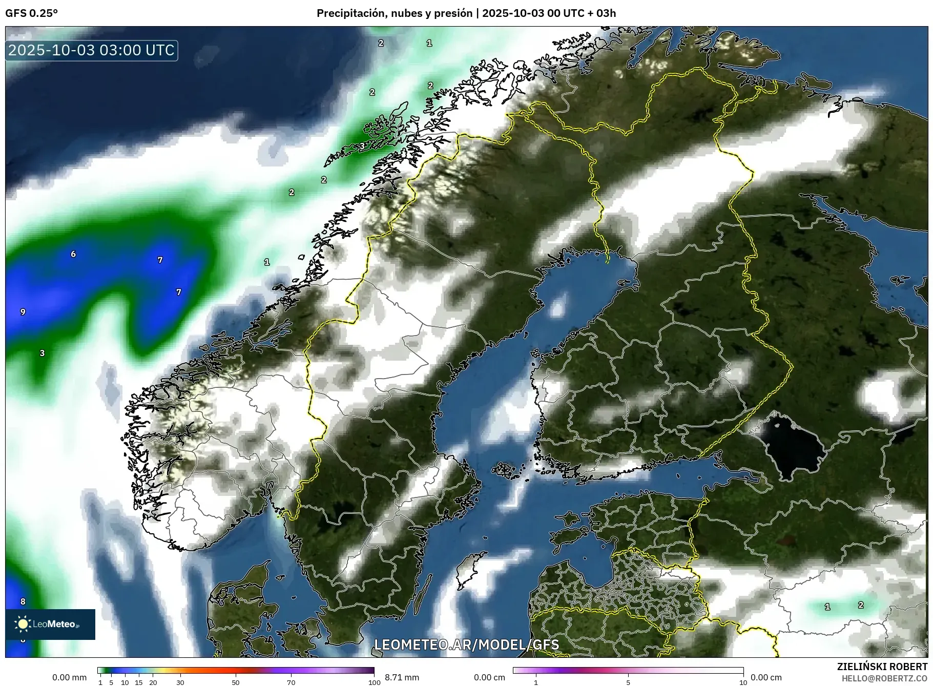 GFS model - Escandinavia, Precipitación, nubes y presión
