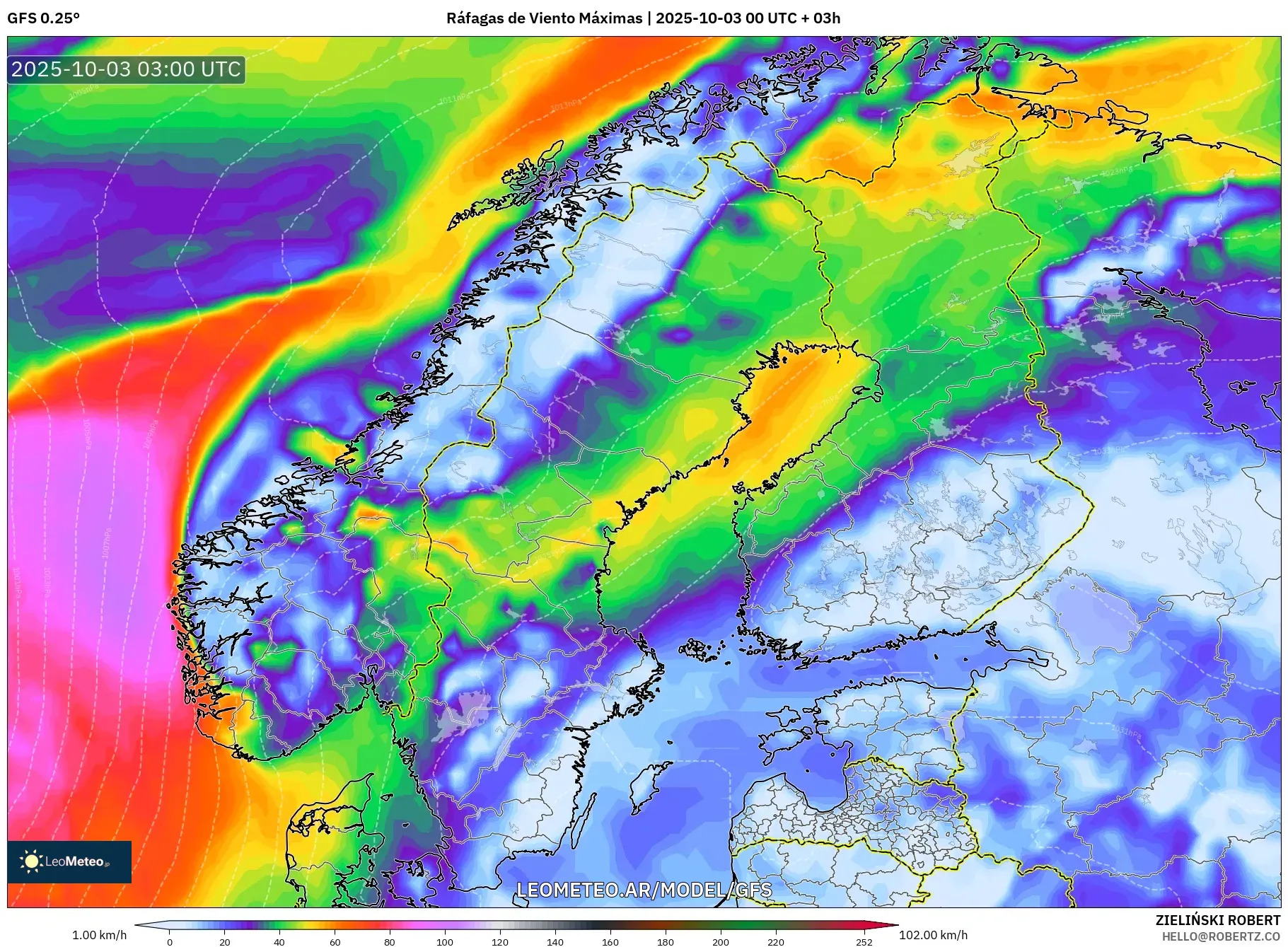 GFS model - Escandinavia, Ráfagas de Viento Máximas