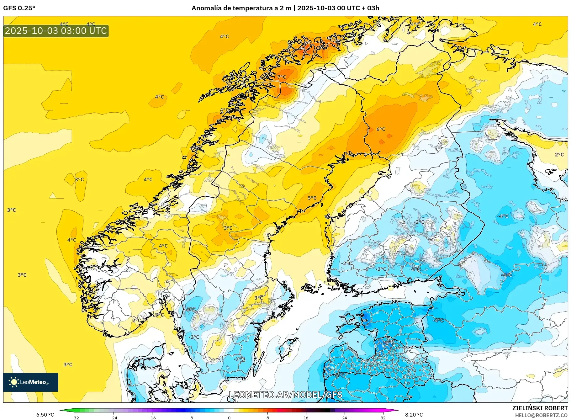 GFS model - Escandinavia, Anomalía de temperatura a 2 m