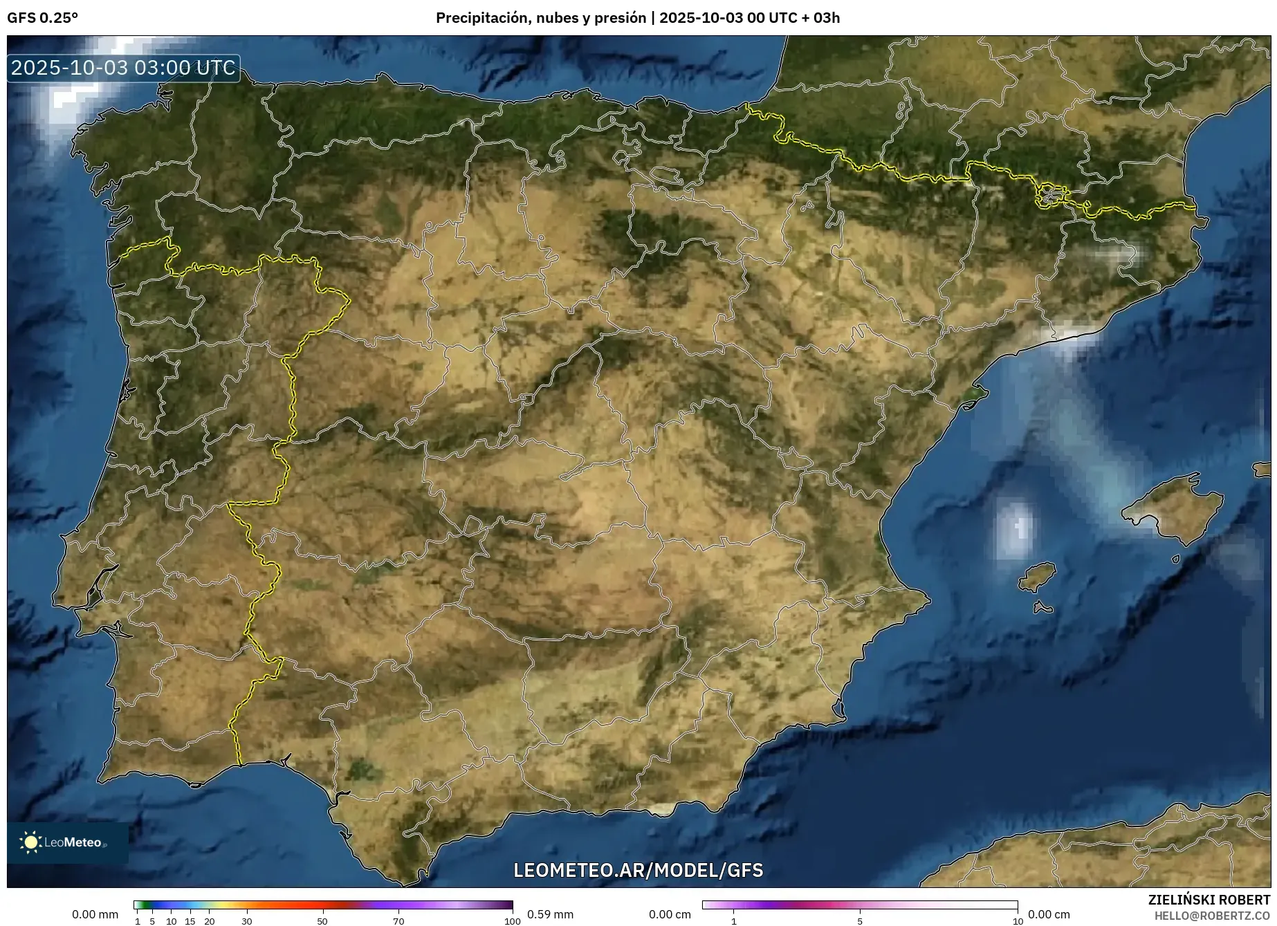 GFS model - España, Precipitación, nubes y presión