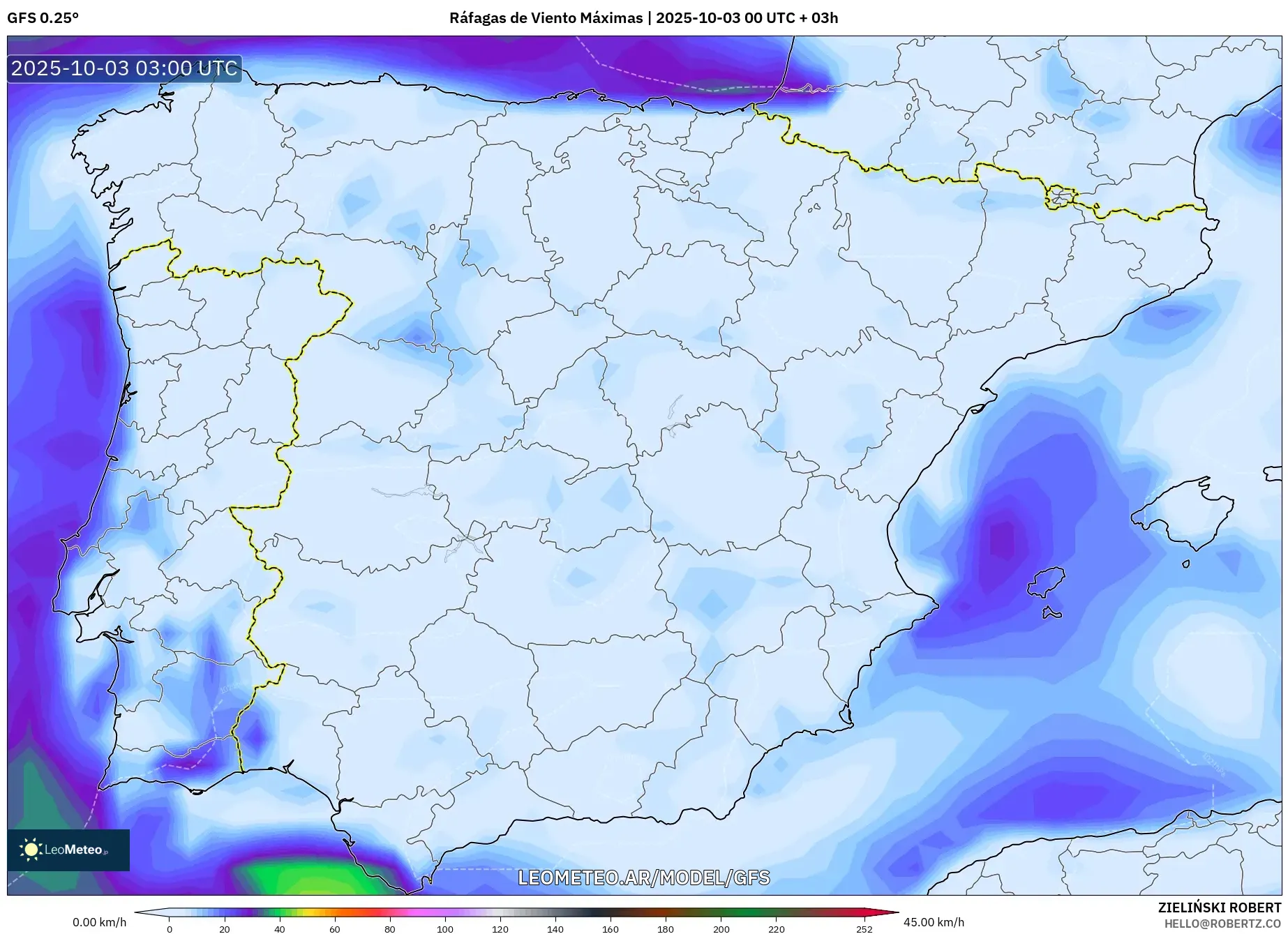 GFS model - España, Ráfagas de Viento Máximas