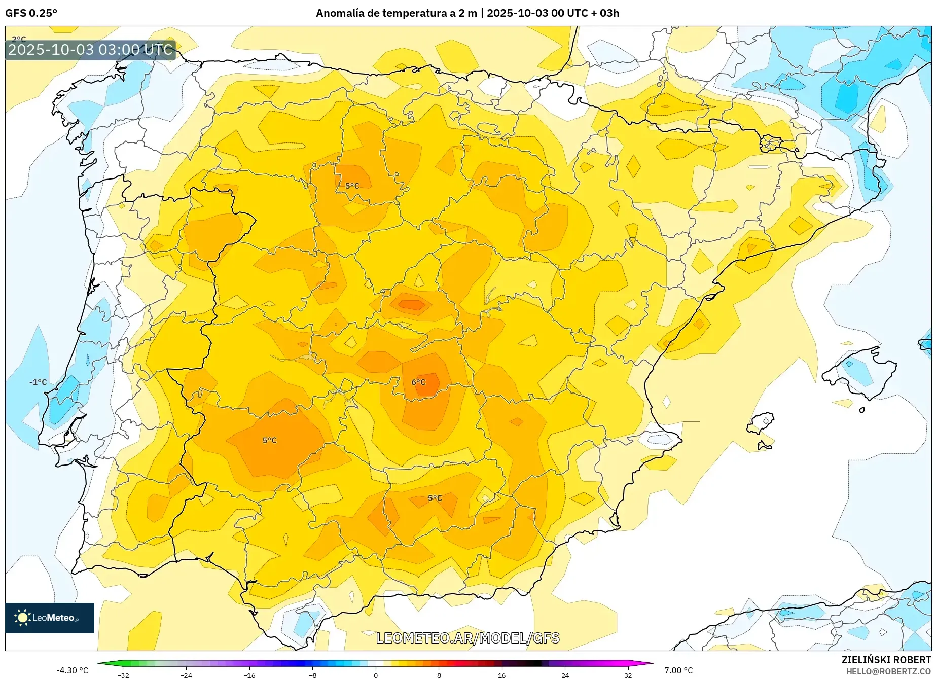 GFS model - España, Anomalía de temperatura a 2 m