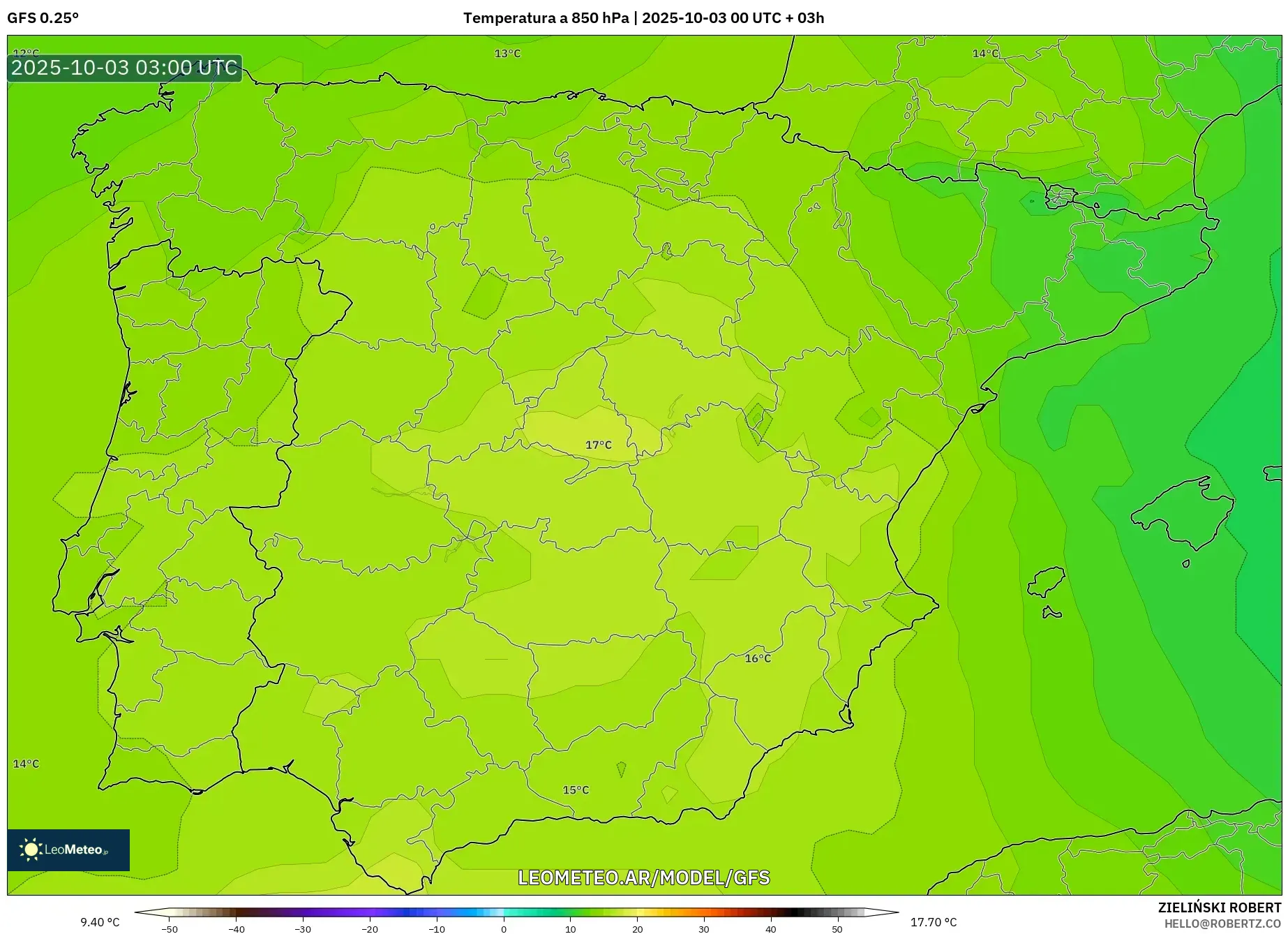 GFS model - España, Temperatura a 850 hPa