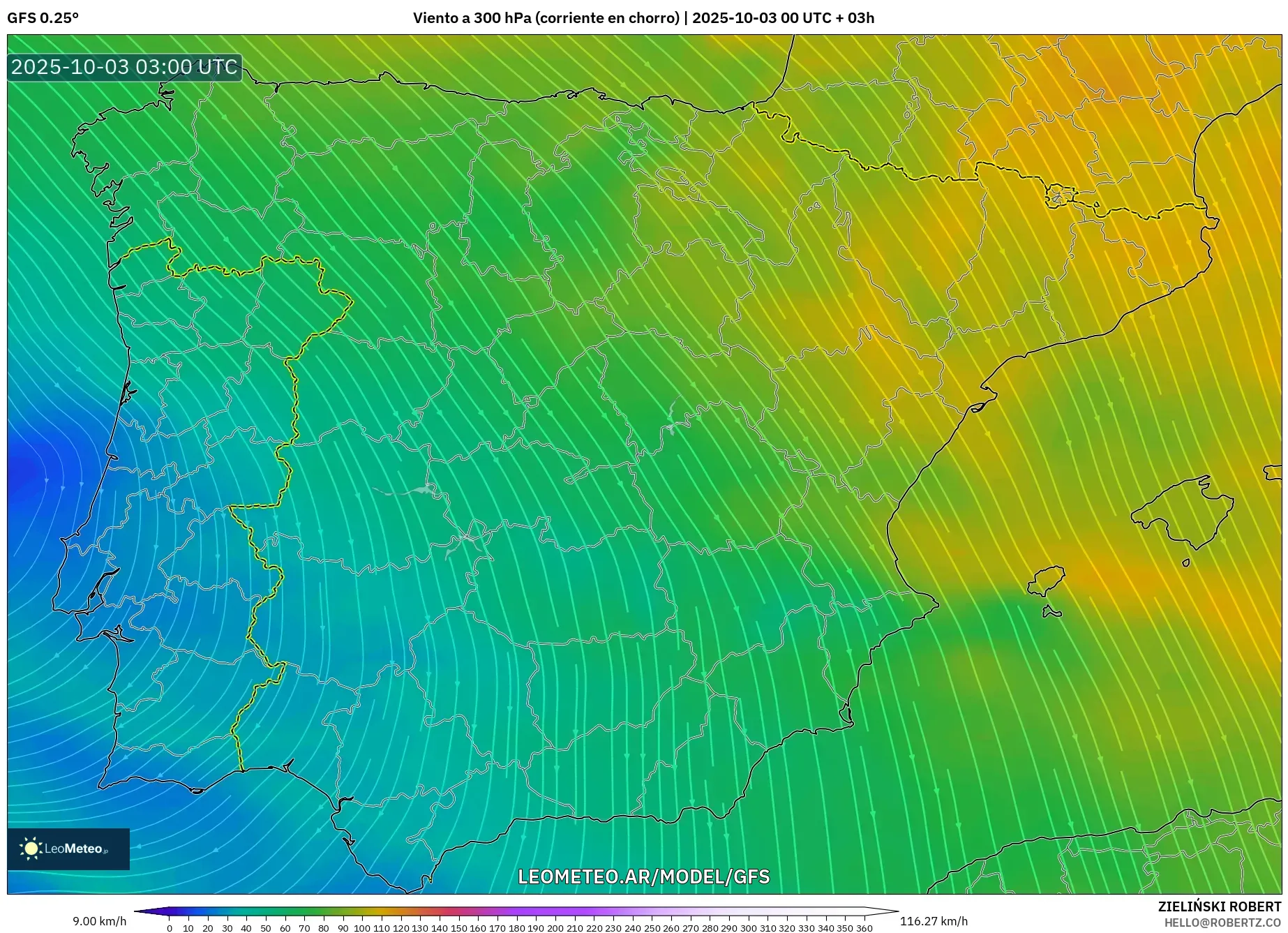 GFS model - España, Viento a 300 hPa (corriente en chorro)
