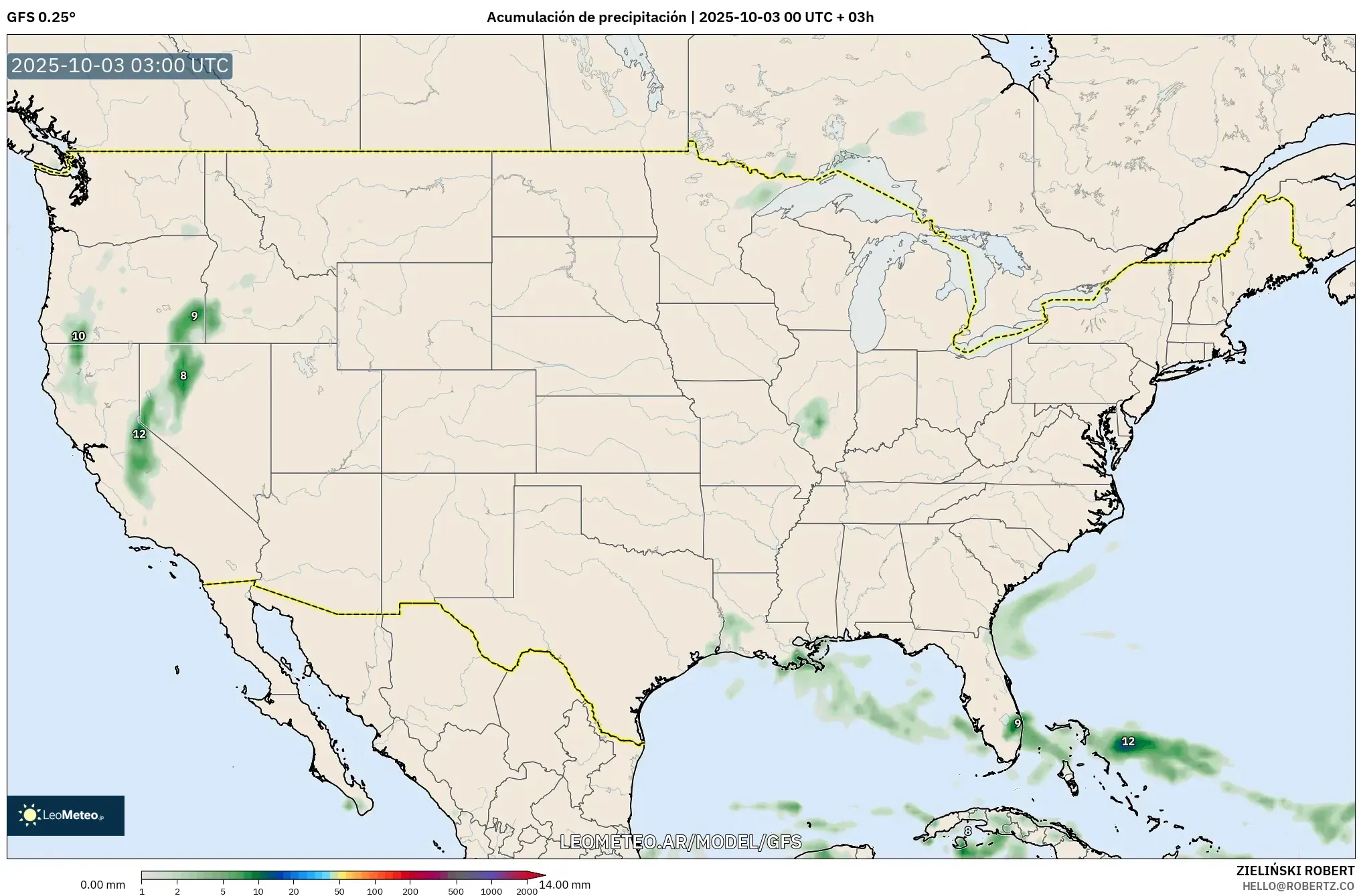 GFS model - Estados Unidos, Acumulación de precipitación GFS model - Estados Unidos, Acumulación de precipitación