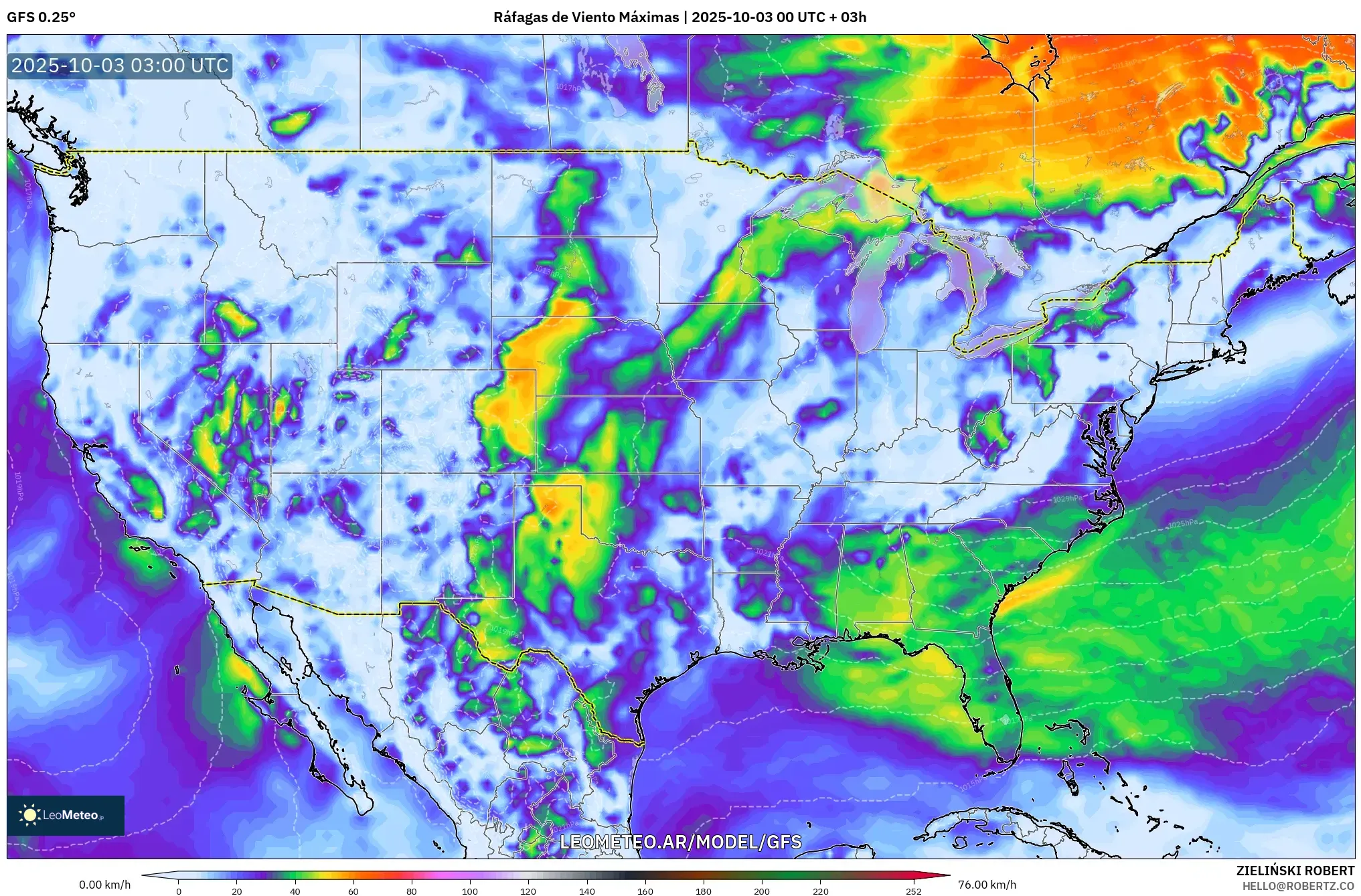 GFS model - Estados Unidos, Ráfagas de Viento Máximas