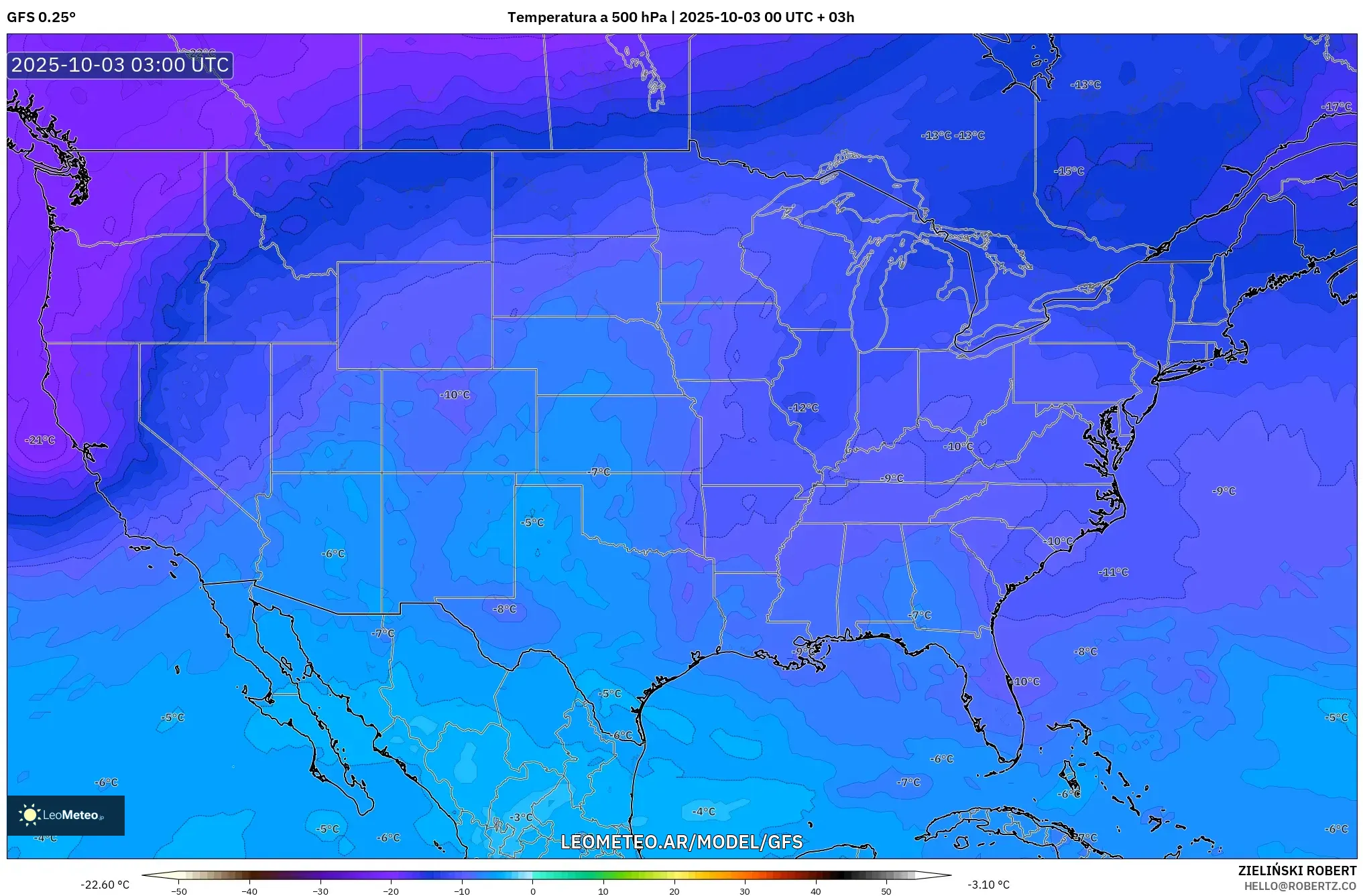 GFS model - Estados Unidos, Temperatura a 500 hPa