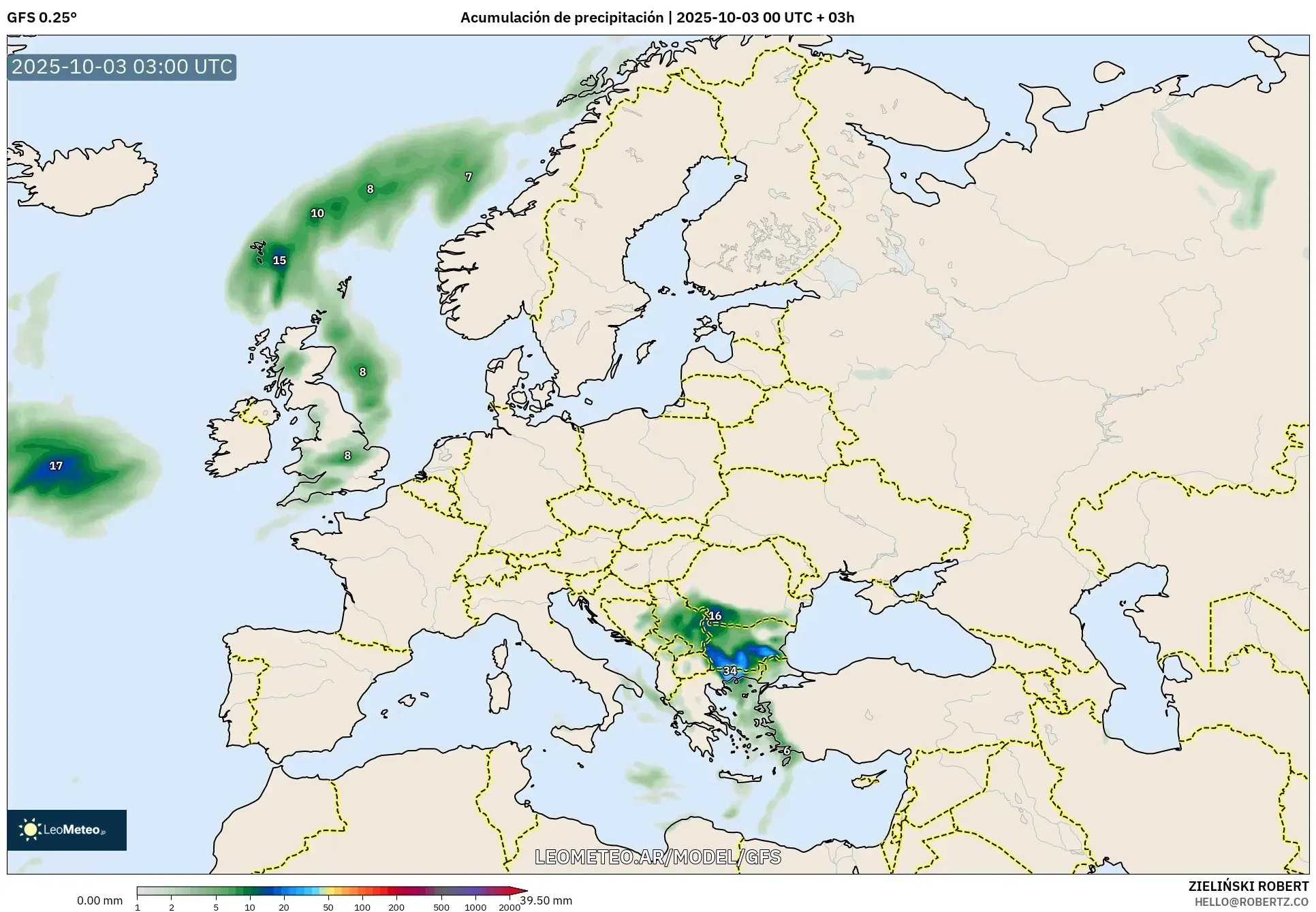 GFS model - Europa, Acumulación de precipitación GFS model - Europa, Acumulación de precipitación