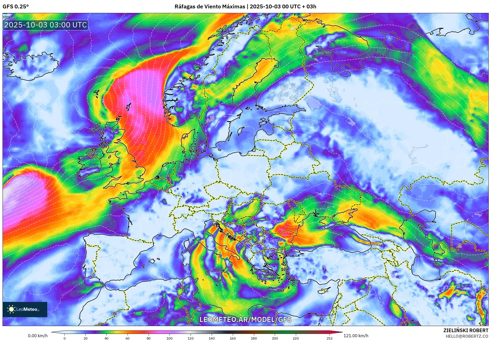GFS model - Europa, Ráfagas de Viento Máximas