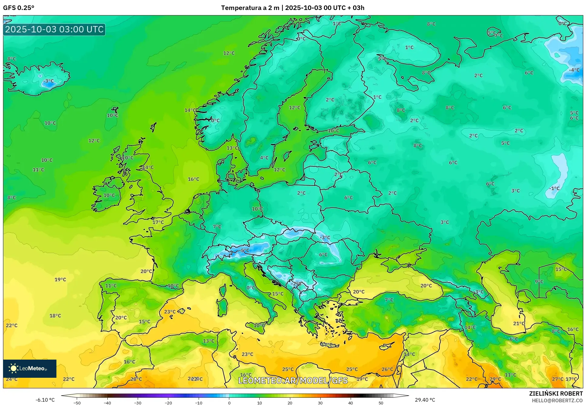 GFS model - Europa, Temperatura a 2 m