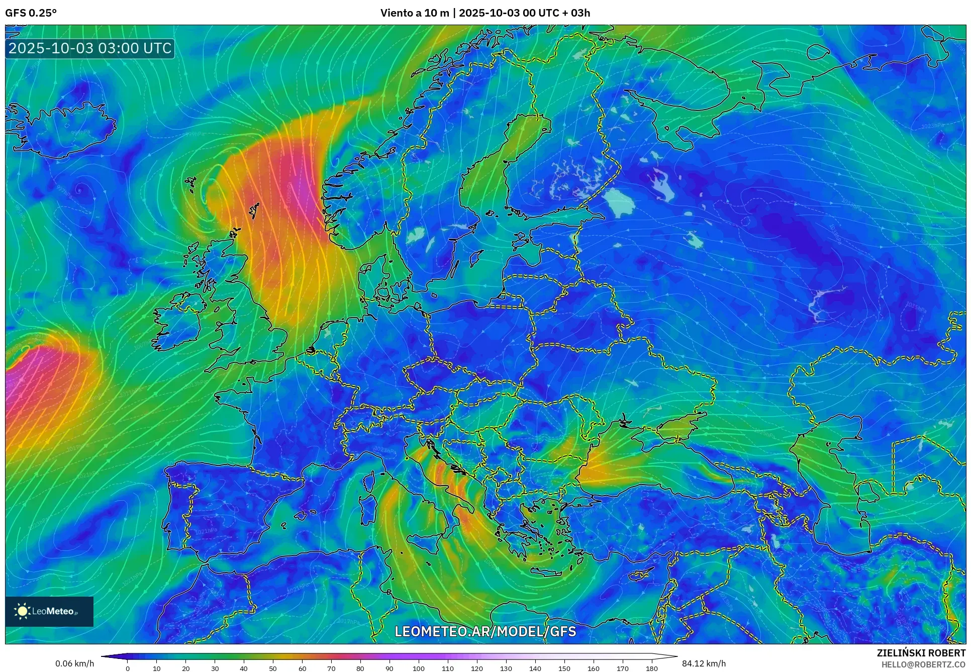 GFS model - Europa, Viento a 10 m