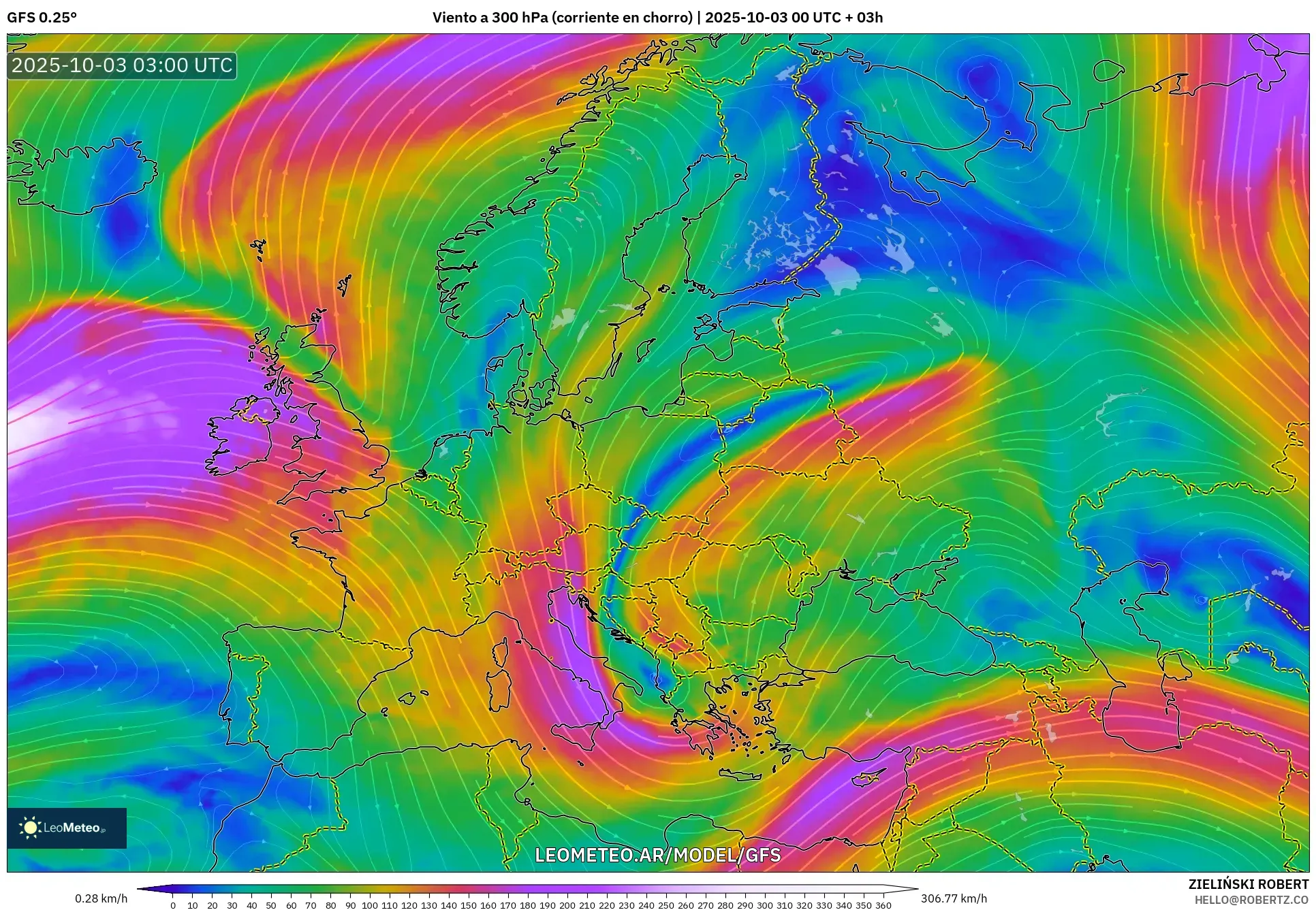 GFS model - Europa, Viento a 300 hPa (corriente en chorro)