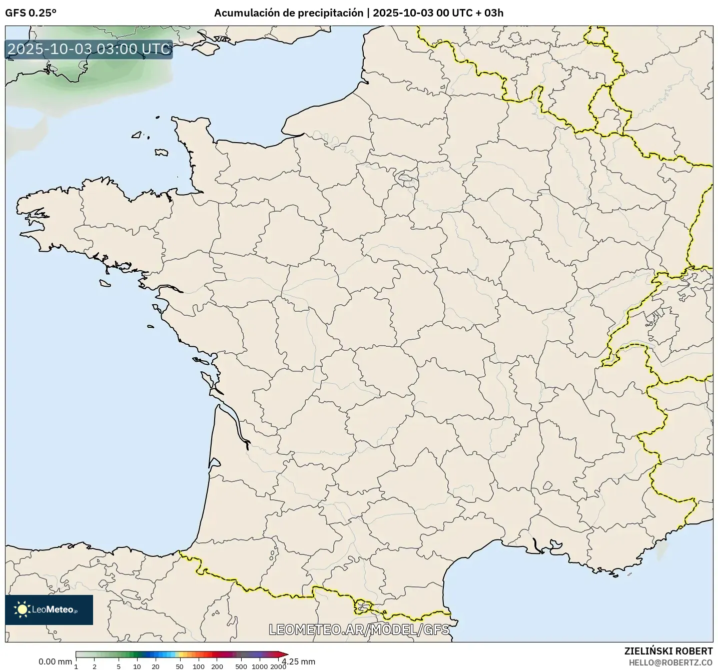 GFS model - Francia, Acumulación de precipitación GFS model - Francia, Acumulación de precipitación