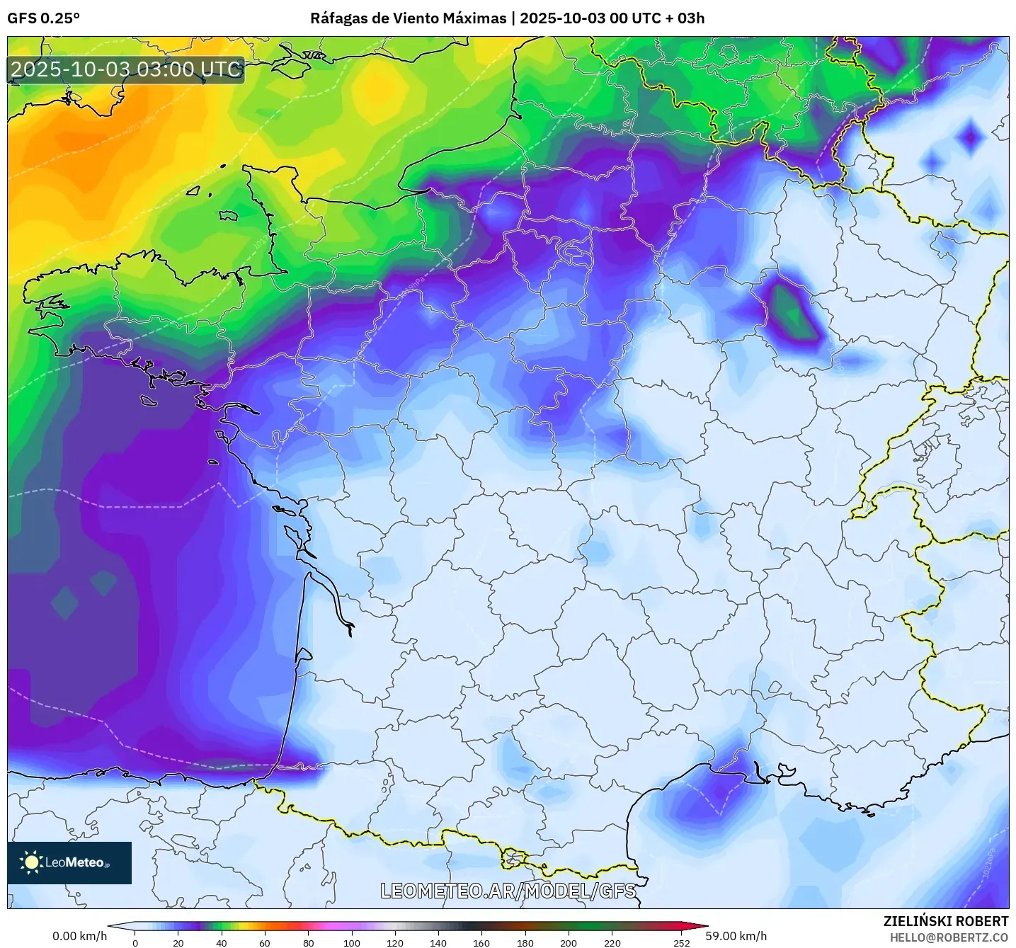 GFS model - Francia, Ráfagas de Viento Máximas