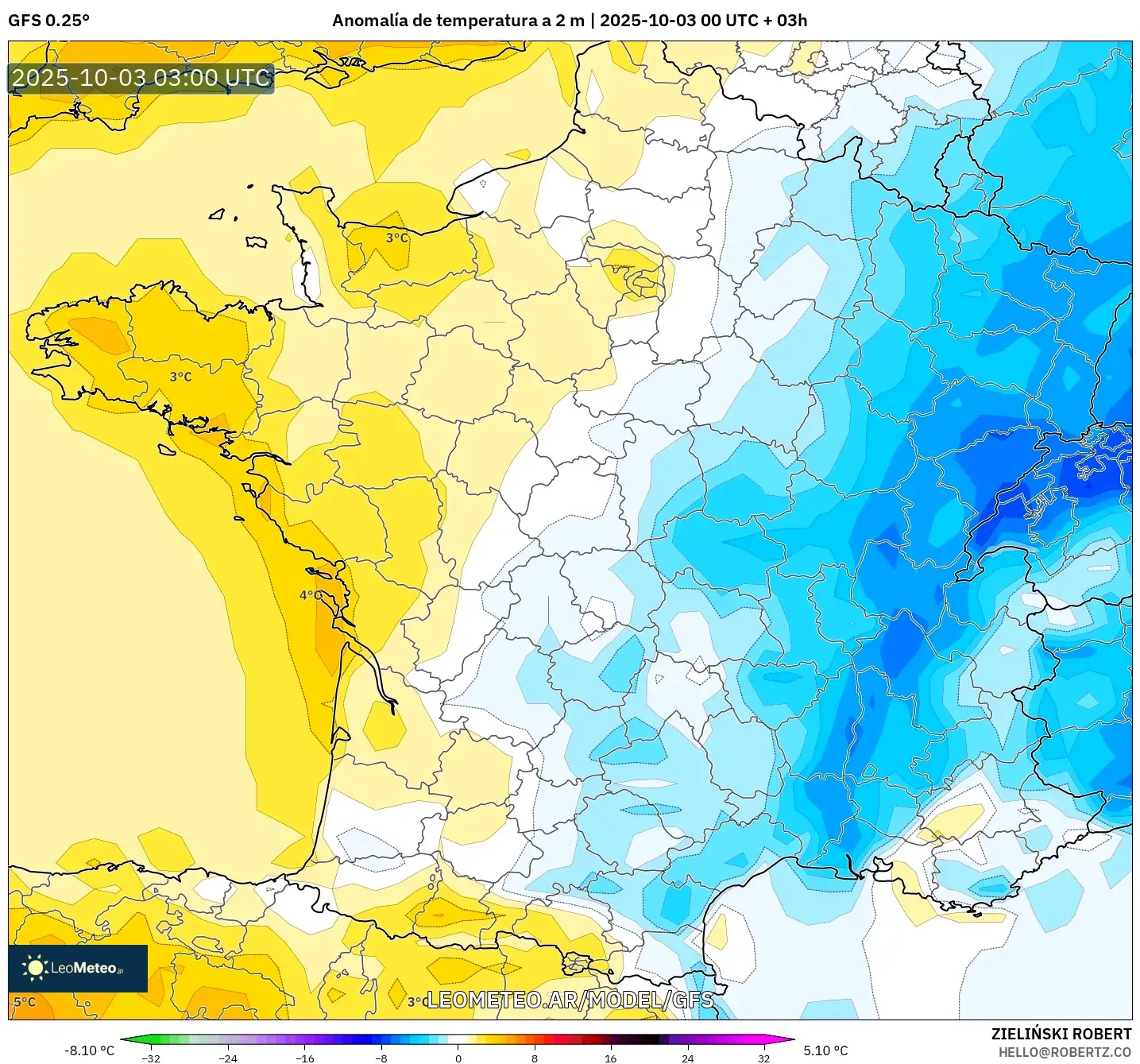 GFS model - Francia, Anomalía de temperatura a 2 m