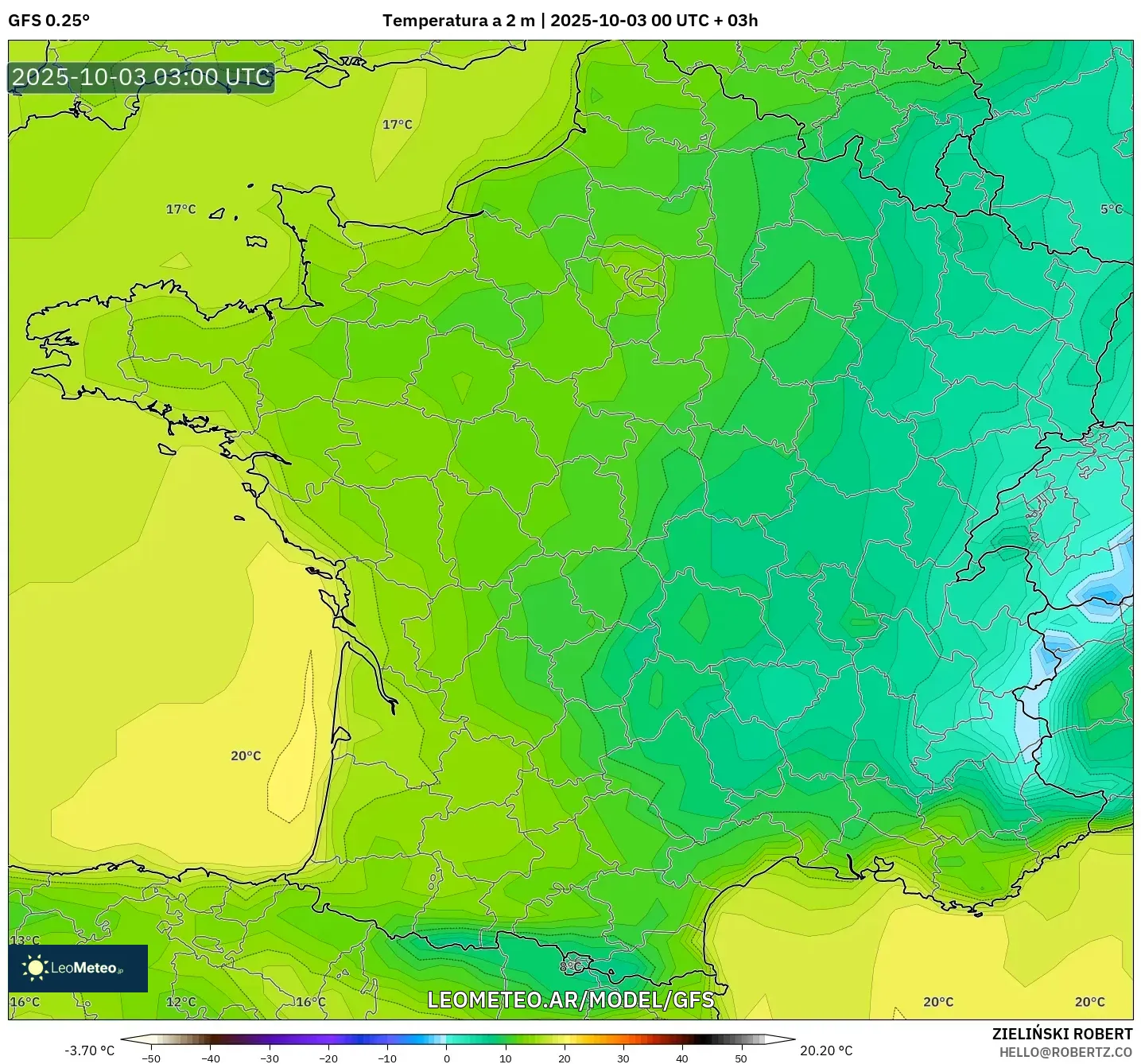 GFS model - Francia, Temperatura a 2 m