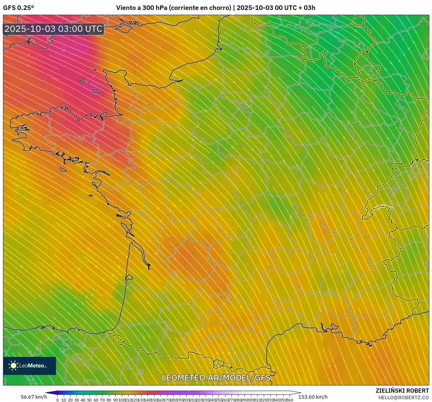 GFS model - Francia, Viento a 300 hPa (corriente en chorro)