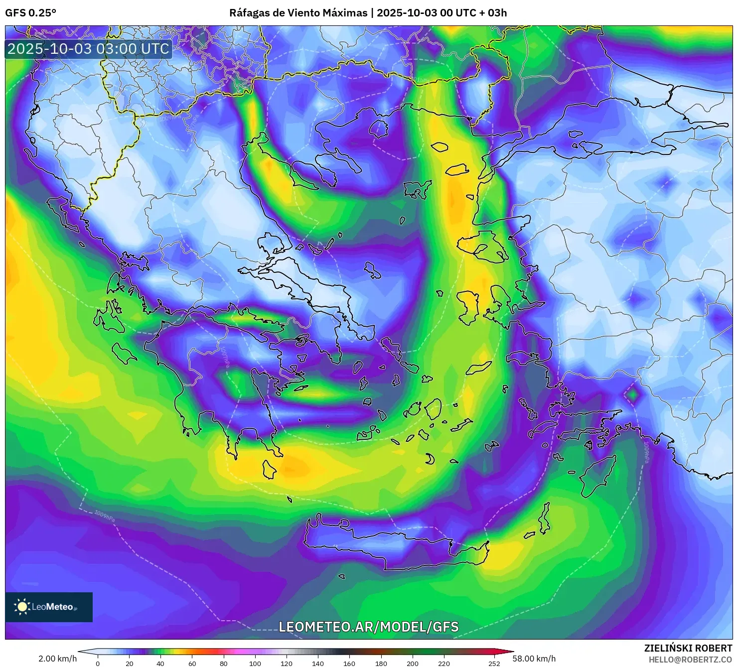 GFS model - Grecia, Ráfagas de Viento Máximas