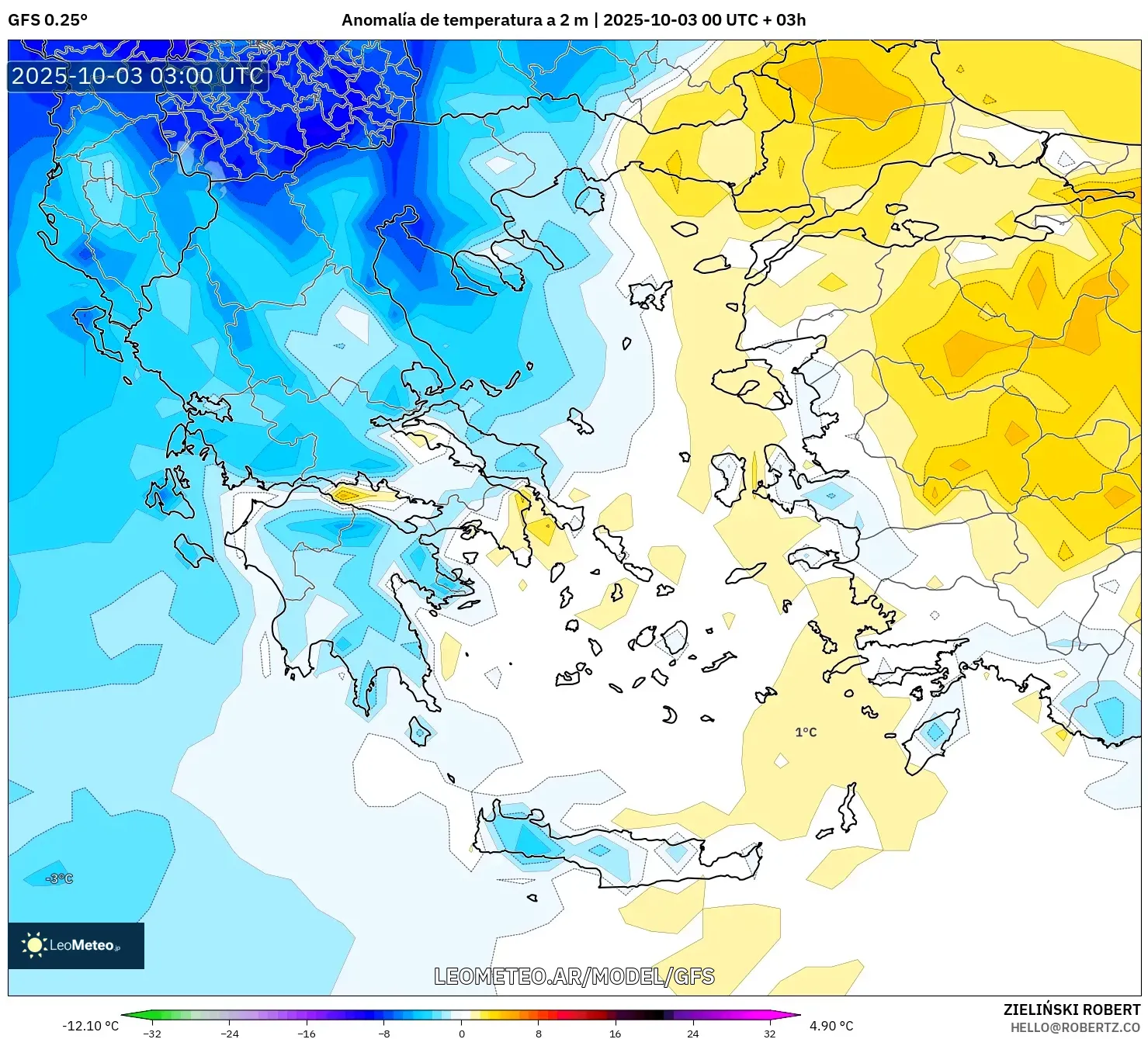 GFS model - Grecia, Anomalía de temperatura a 2 m