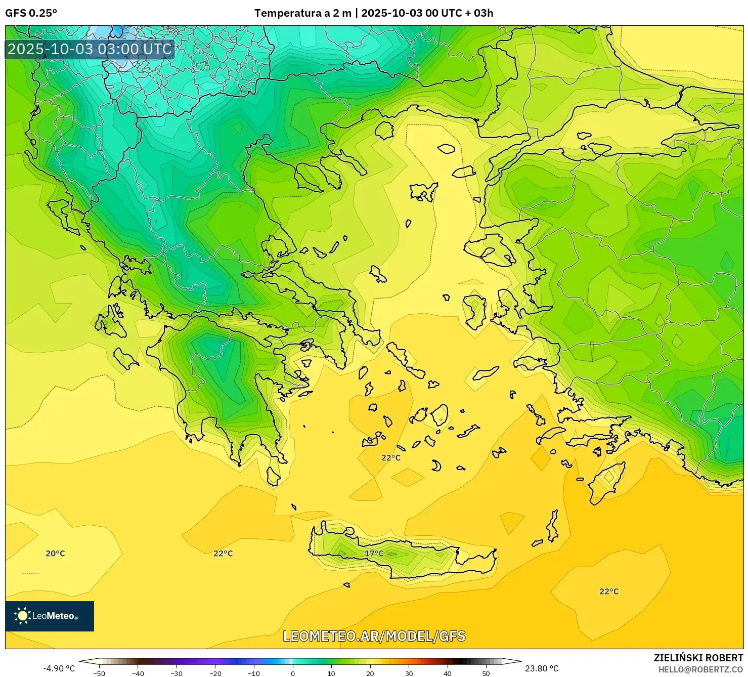 GFS model - Grecia, Temperatura a 2 m