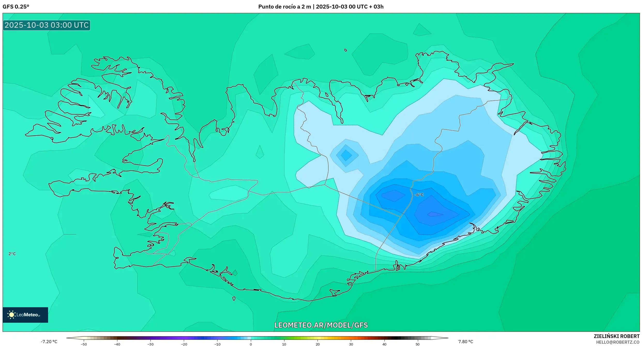 GFS model - Islandia, Punto de rocío a 2 m