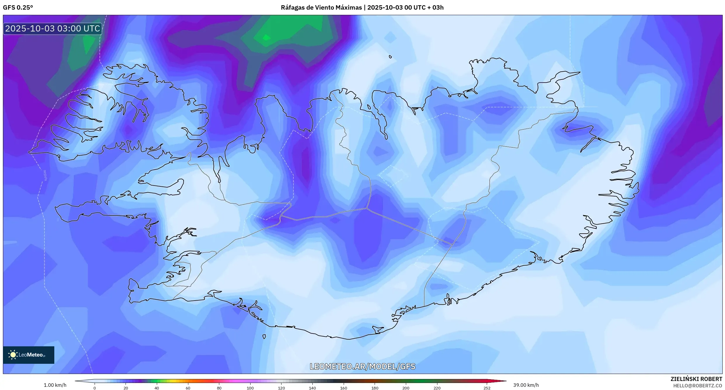 GFS model - Islandia, Ráfagas de Viento Máximas