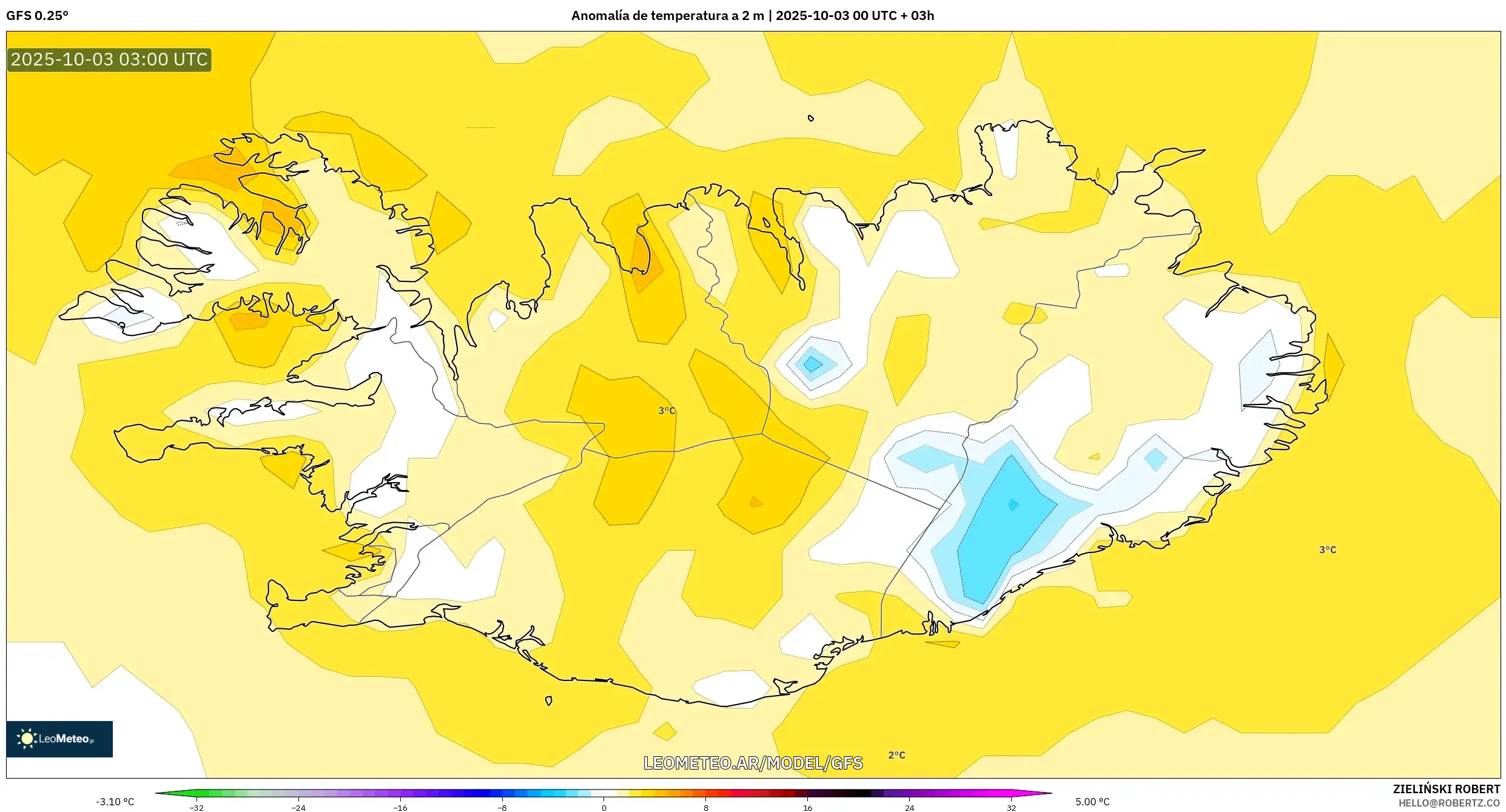GFS model - Islandia, Anomalía de temperatura a 2 m