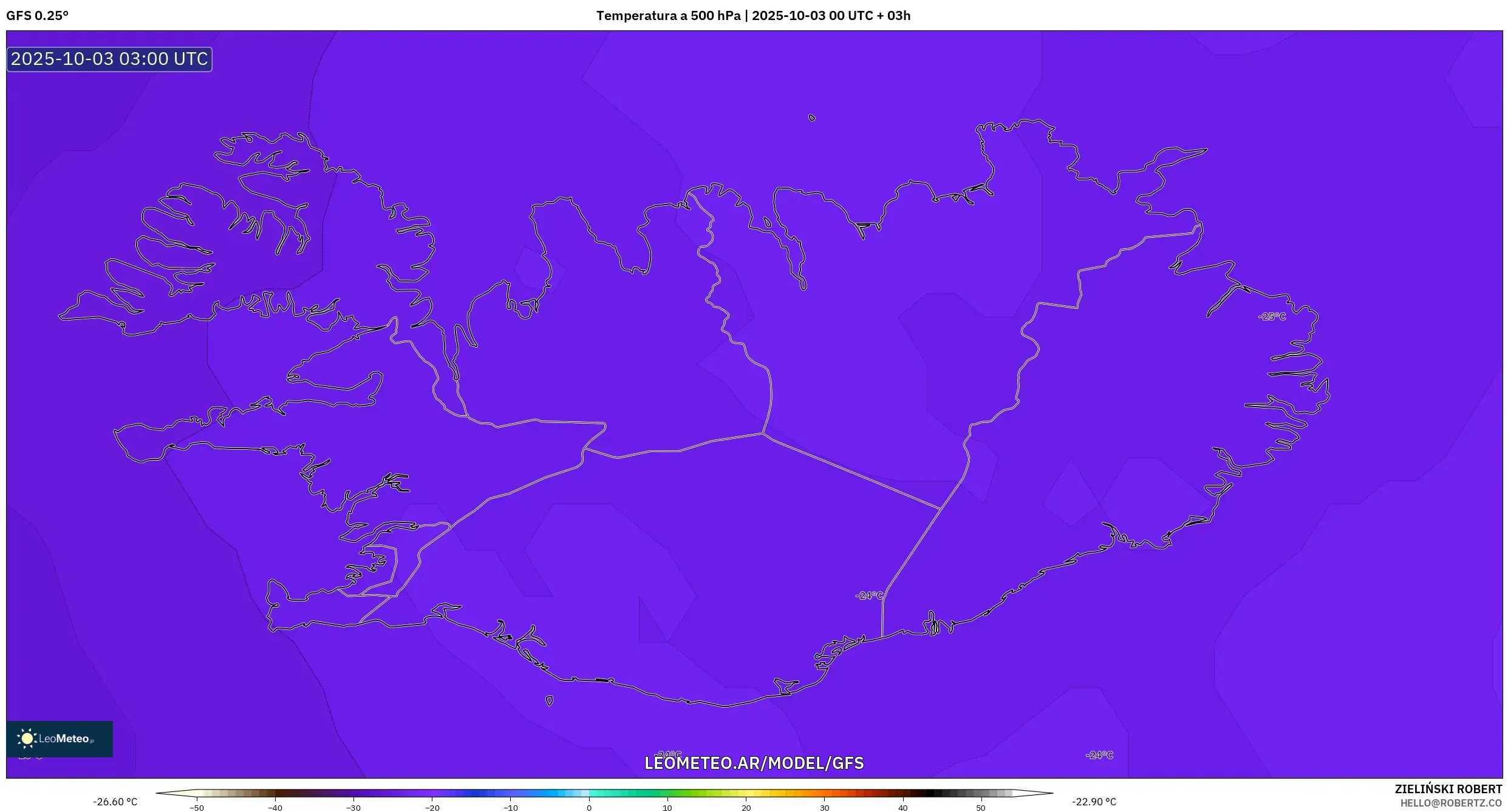 GFS model - Islandia, Temperatura a 500 hPa
