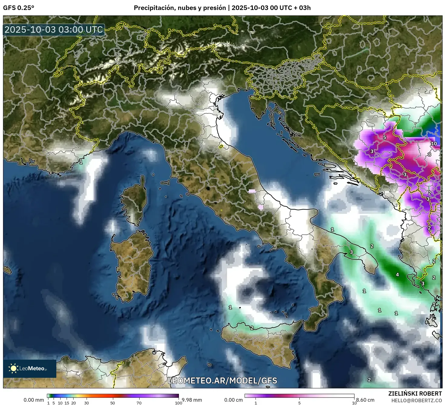 GFS model - Italia, Precipitación, nubes y presión