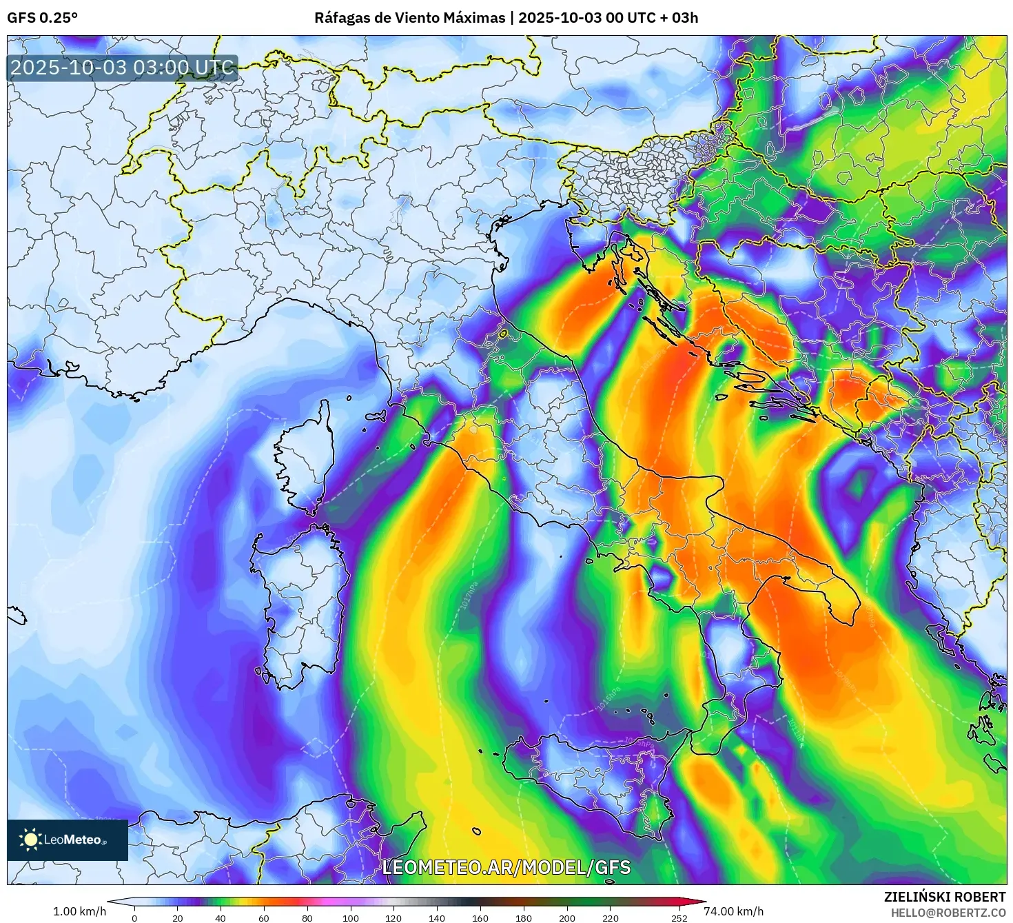 GFS model - Italia, Ráfagas de Viento Máximas