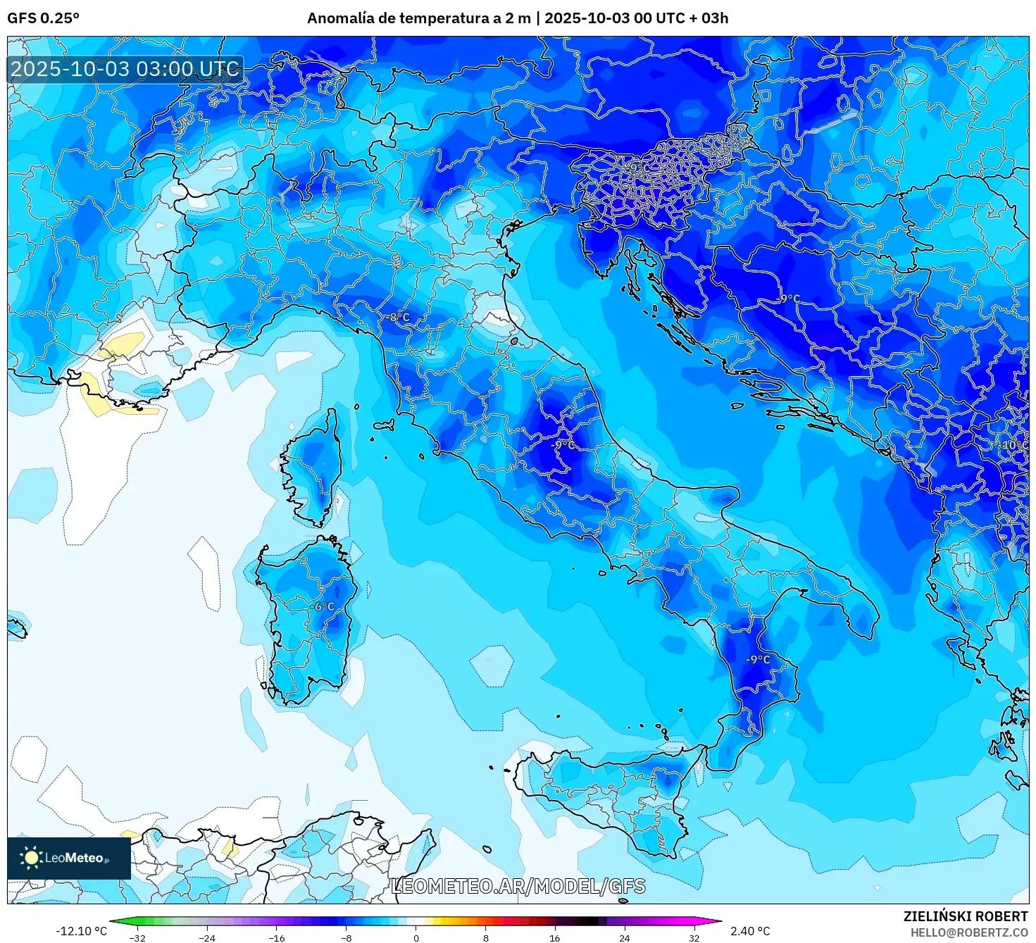 GFS model - Italia, Anomalía de temperatura a 2 m
