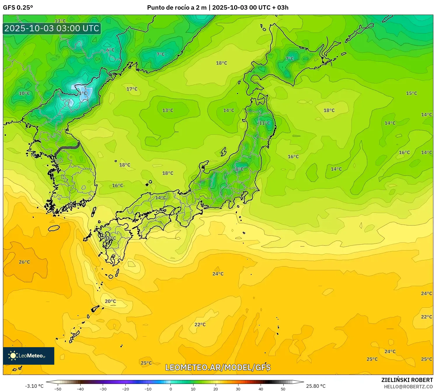 GFS model - Japón, Punto de rocío a 2 m